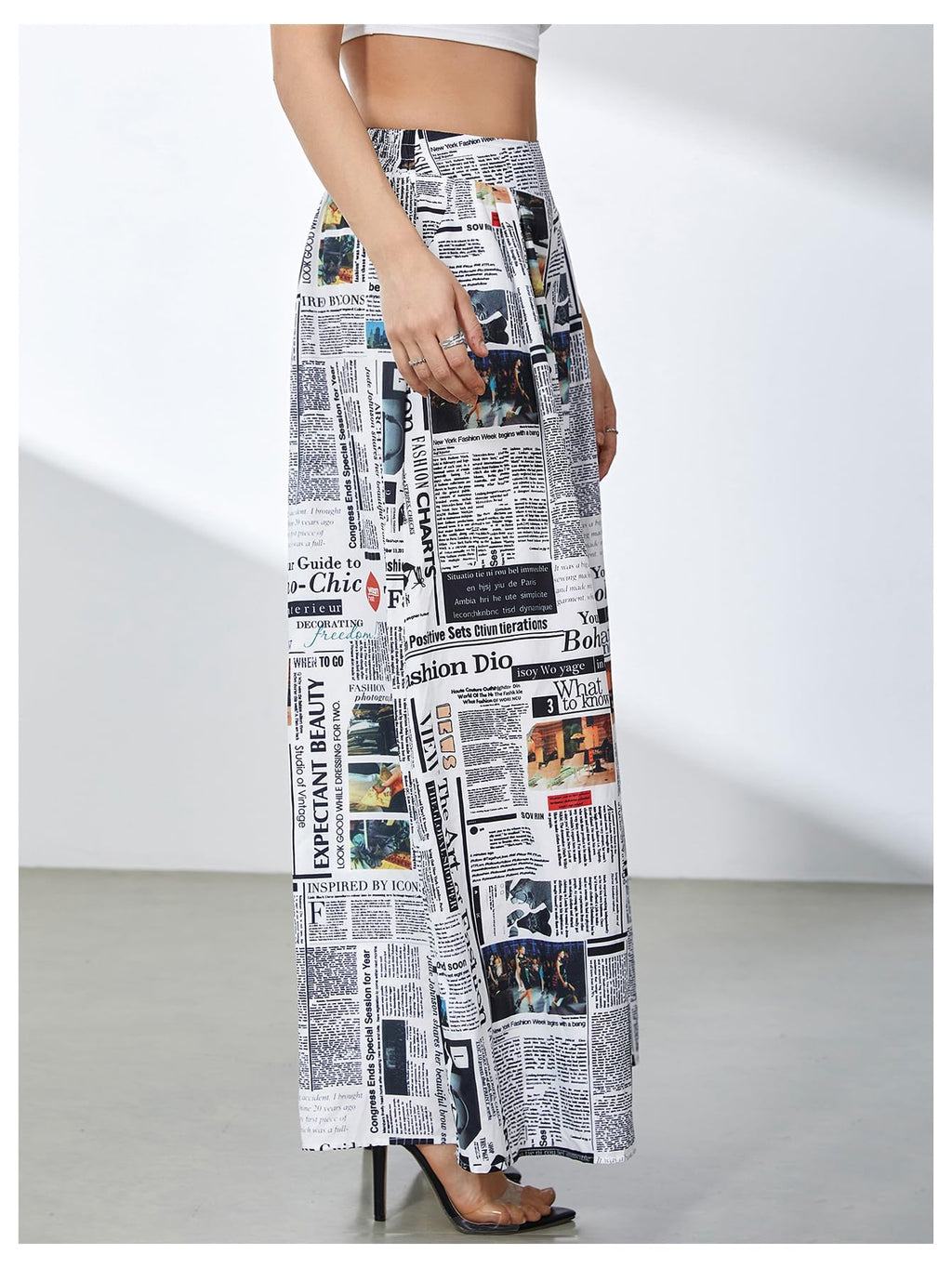 WDIRARA Women's Newspaper Print Wide Leg Pants Elastic Waist Loose Funky Letter Print Palazzo Pants Multicolor Large