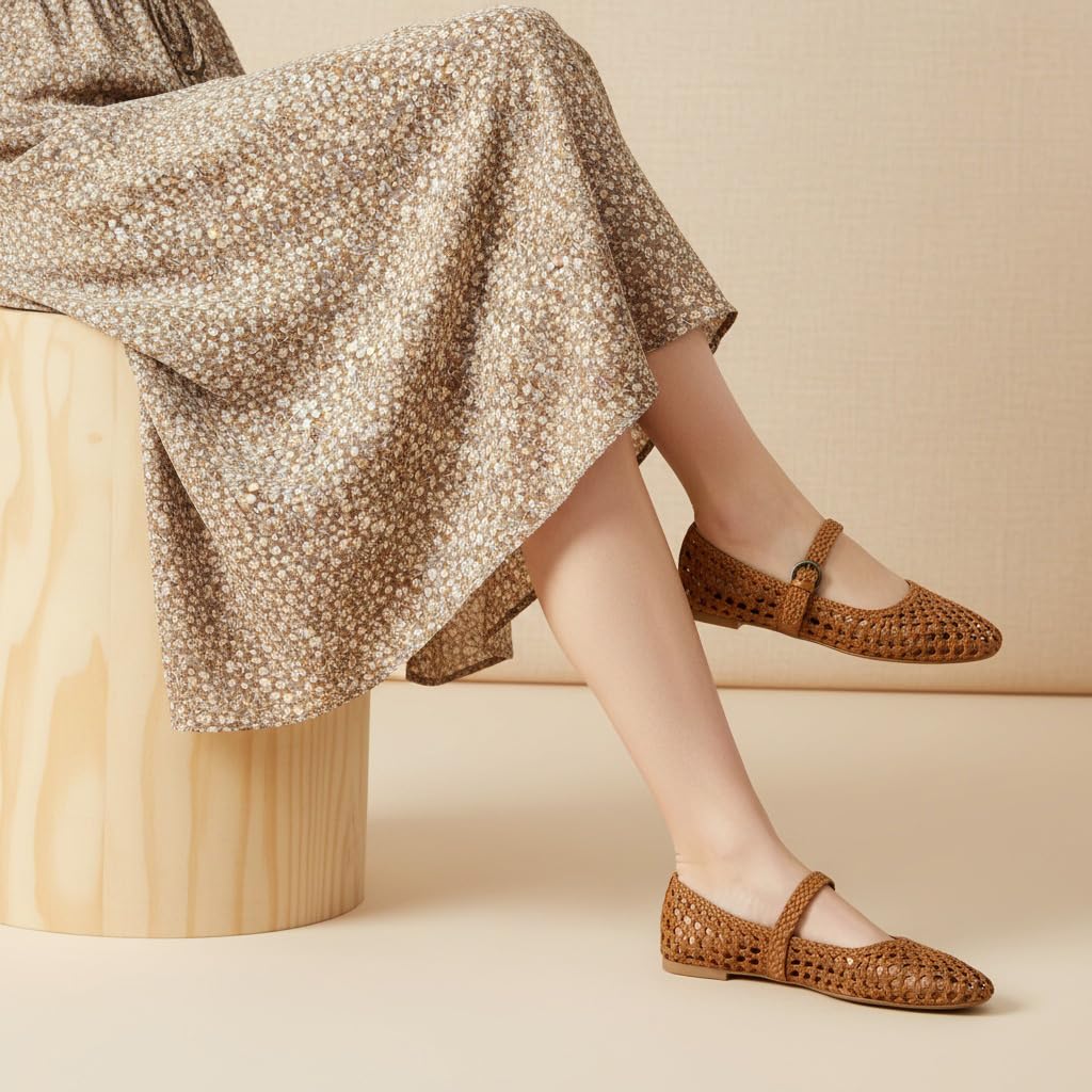 CUSHIONAIRE Weston Hand Woven Mary Jane Flats for Women, Comfortable Dressy Ballet Flats with Braided Adjustable Buckle and Memory Foam Cushioning, Cognac 8.5
