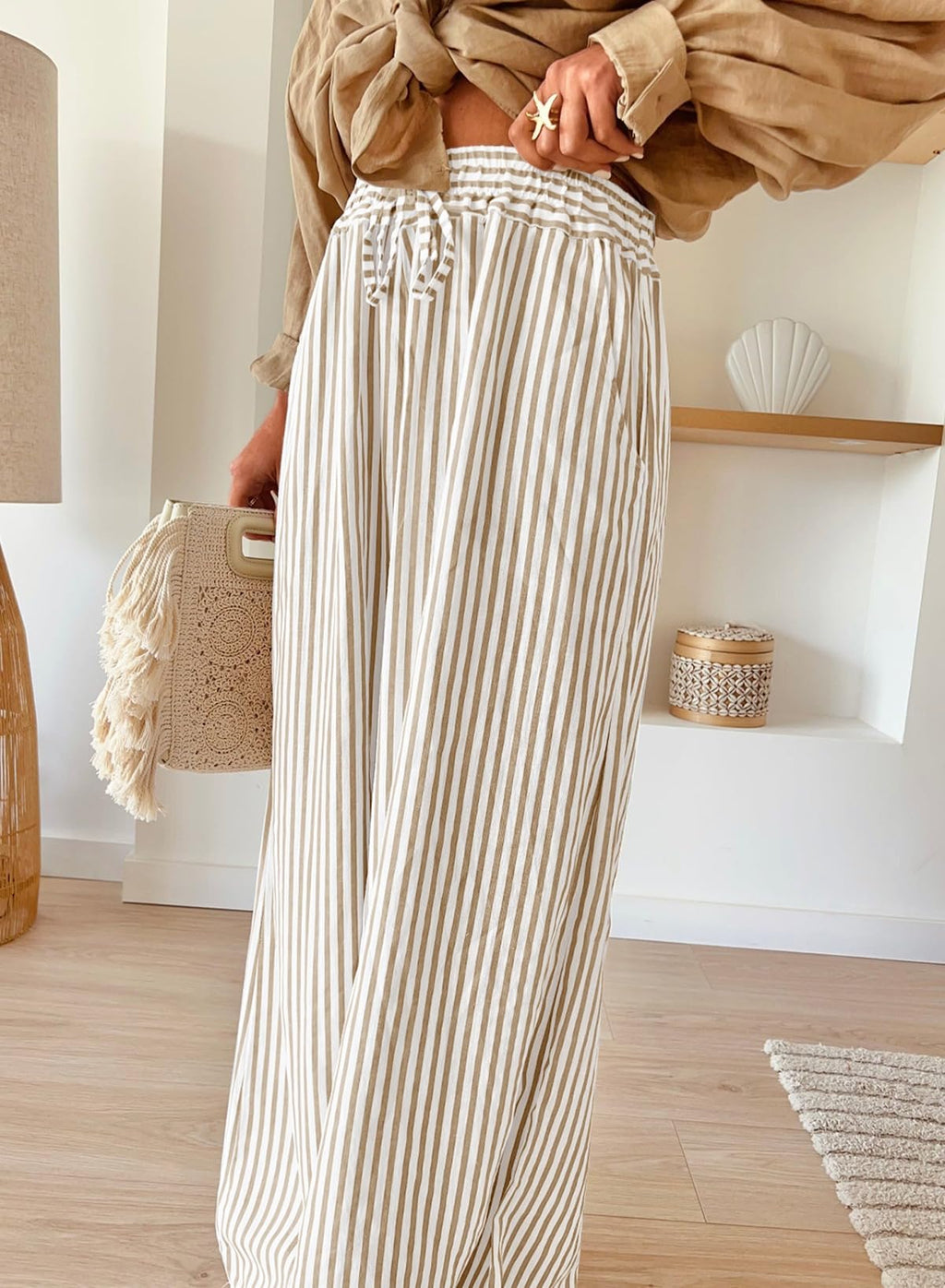 Acelitt Women Casual Striped Wide Leg Pants Drawstring Elastic High Waisted 2026 Summer Fashion Beach Pants Trousers with Pockets Khaki Small
