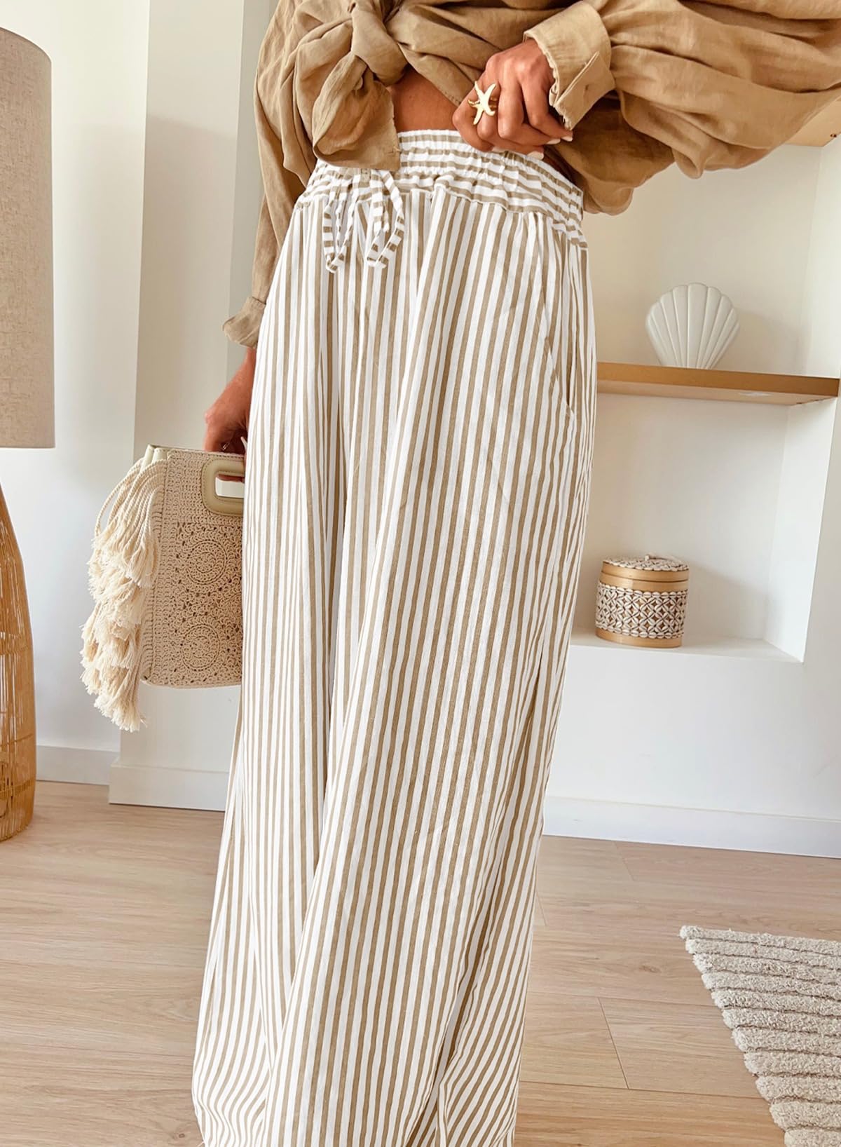 Acelitt Women Casual Striped Wide Leg Pants Drawstring Elastic High Waisted 2026 Summer Fashion Beach Pants Trousers with Pockets Khaki Small