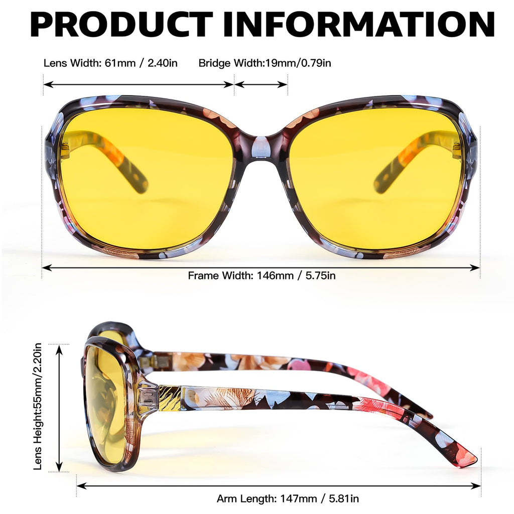SIPHEW Night-Vision Glasses for Driving Women, Polarized Night-Driving Glasses- Anti-glare Yellow Lens for Nighttime (night-vision glasses, floral)