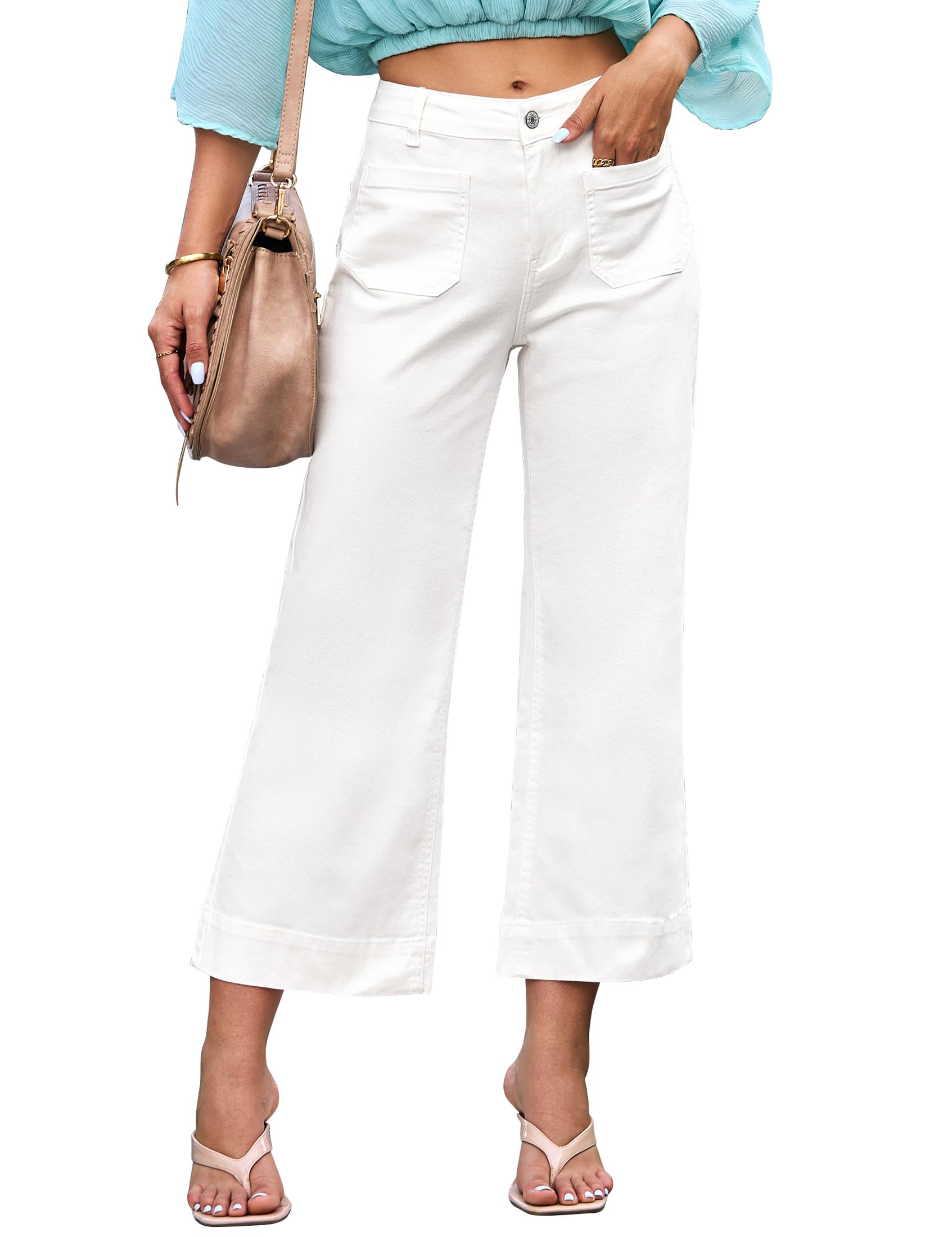 luvamia Wide Leg Jeans for Women Trendy High Waisted Flare Jeans Cropped Denim Pants Stretchy Baggy with Patch Pockets Womens Stretch Jeans Wide Legged Jeans for Women Off White Size 12 Size 14