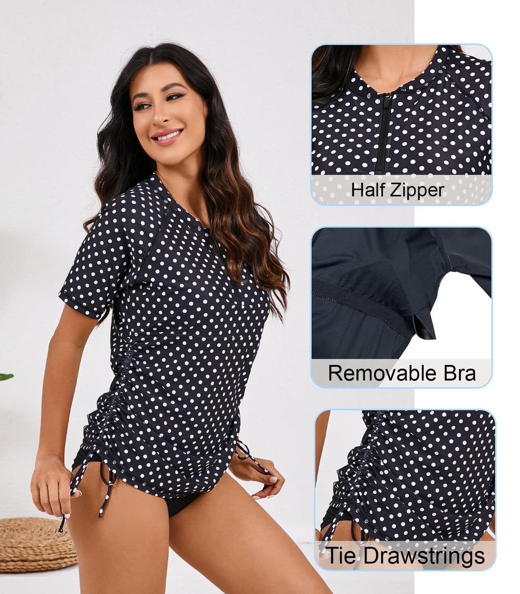 Halcurt Women's Short Sleeve Rash Guard Swim Shirt with Bra Half Zip Tie Drawstring UPF50+ Swimsuit Top Black Palka Dots 2XL