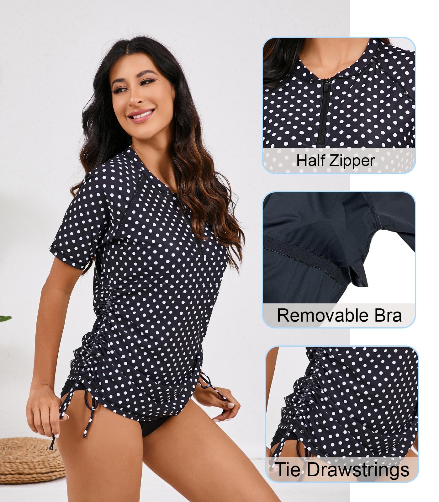 Halcurt Women's Short Sleeve Rash Guard Swim Shirt with Bra Half Zip Tie Drawstring UPF50+ Swimsuit Top Black Palka Dots 2XL