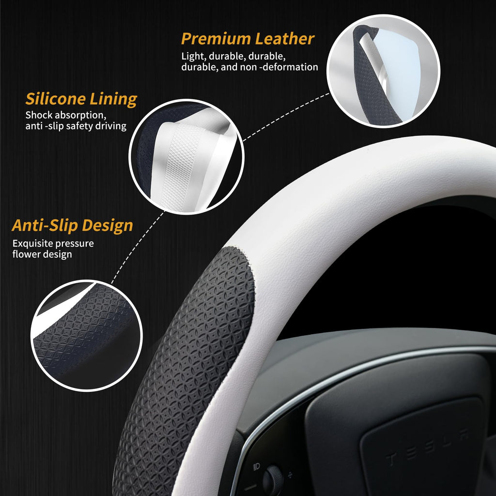Uxcer Premium Leather Steering Wheel Cover for Tesla Model 3/Y 2016-2025 2026 Juniper/Highland, Non-Slip Breathable Tesla Model 3/Y Steering Wheel Protector, White