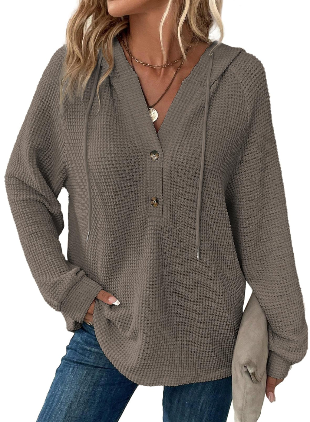 Dokotoo Womens Sweatshirt Fashion Outfits Fall Clothes 2025 Oversized Hoodies Sweatshirts Waffle Knit Drawstring Button V Neck Long Sleeve Sweater Casual Loose Solid Color Hooded Tops Grey Large