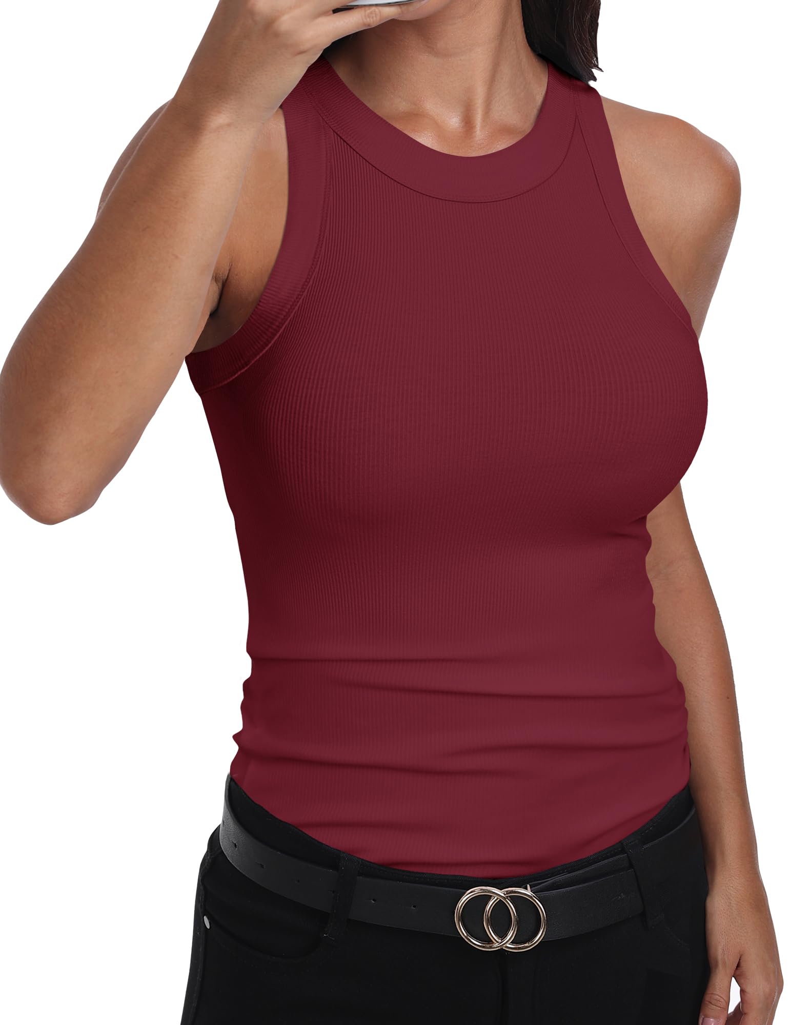 GEMBERA Womens Sleeveless Racerback High Neck Basic Ribbed Knit Fitted Tank Top Burgundy L