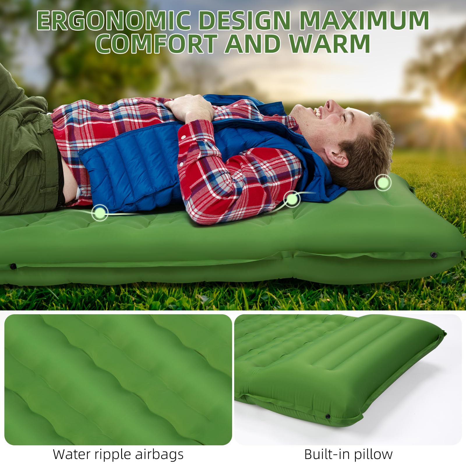 FNARMW Camping Sleeping Pad, Extra Thick 5 Inch Camping Mat with Pillow Built-in Foot Pump Inflatable Sleeping Pads Compact for Camping Backpacking Hiking Traveling Tent（Green）
