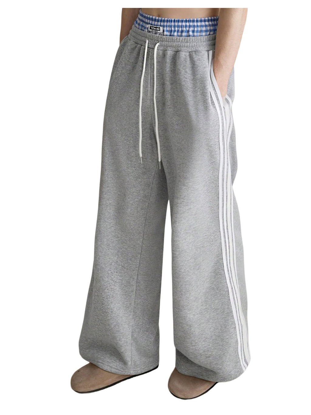 WDIRARA Men's Baggy Wide Leg Sweatpants Side Striped Patchwork Drawstring Track Pants with Pockets Grey Striped Medium