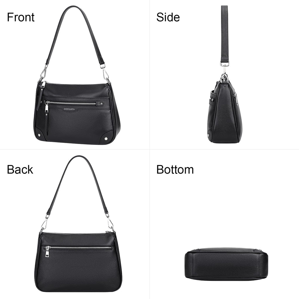Over Earth Soft Genuine Leather Crossbody Bags for Women Medium Shoulder Purses Hobo Handbags with Multi Pockets(O190E Black)