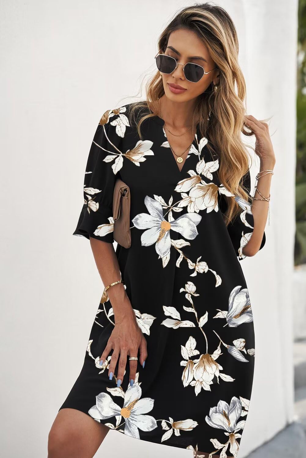 QACOHU Casual Dresses for Women Ladies Ruffle Sleeves Split V-Neck Straight Fit Floral Print Slim Dress Black Flower L
