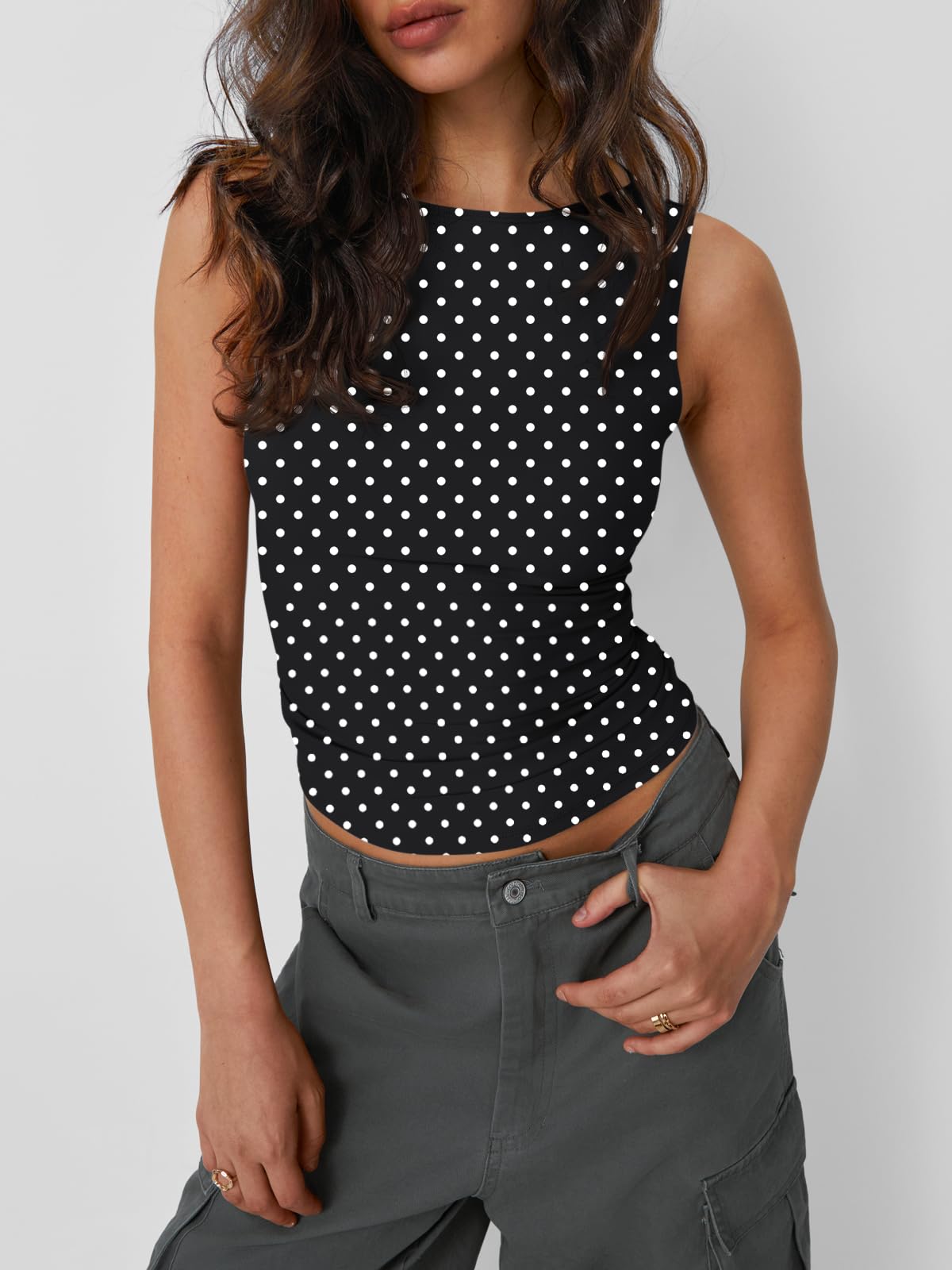 Trendy Queen Women Going Out Summer Tank Tops Spring Casual Basic Cute 2026 Sleeveless Shirt Vacation Fashion Outfit Clothes BlackDots M