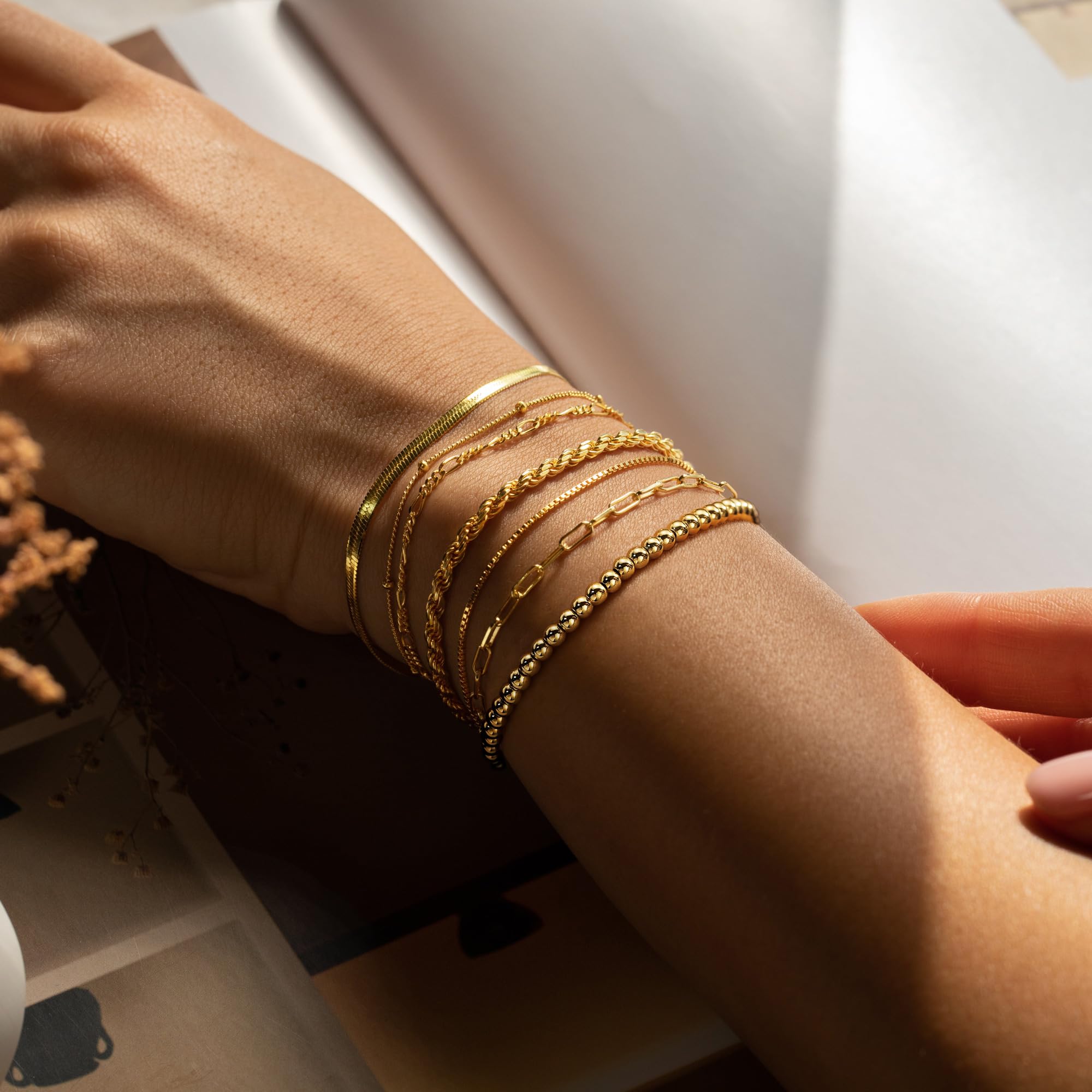 M MOOHAM Gold Bracelets for Women - Dainty 14K Gold Plated Layered Beaded Bracelet Stack Paperclip Snake Rope Figaro Box Satellite Chain Bracelets for Women Non Tarnish Jewelry Mothers Day Gifts