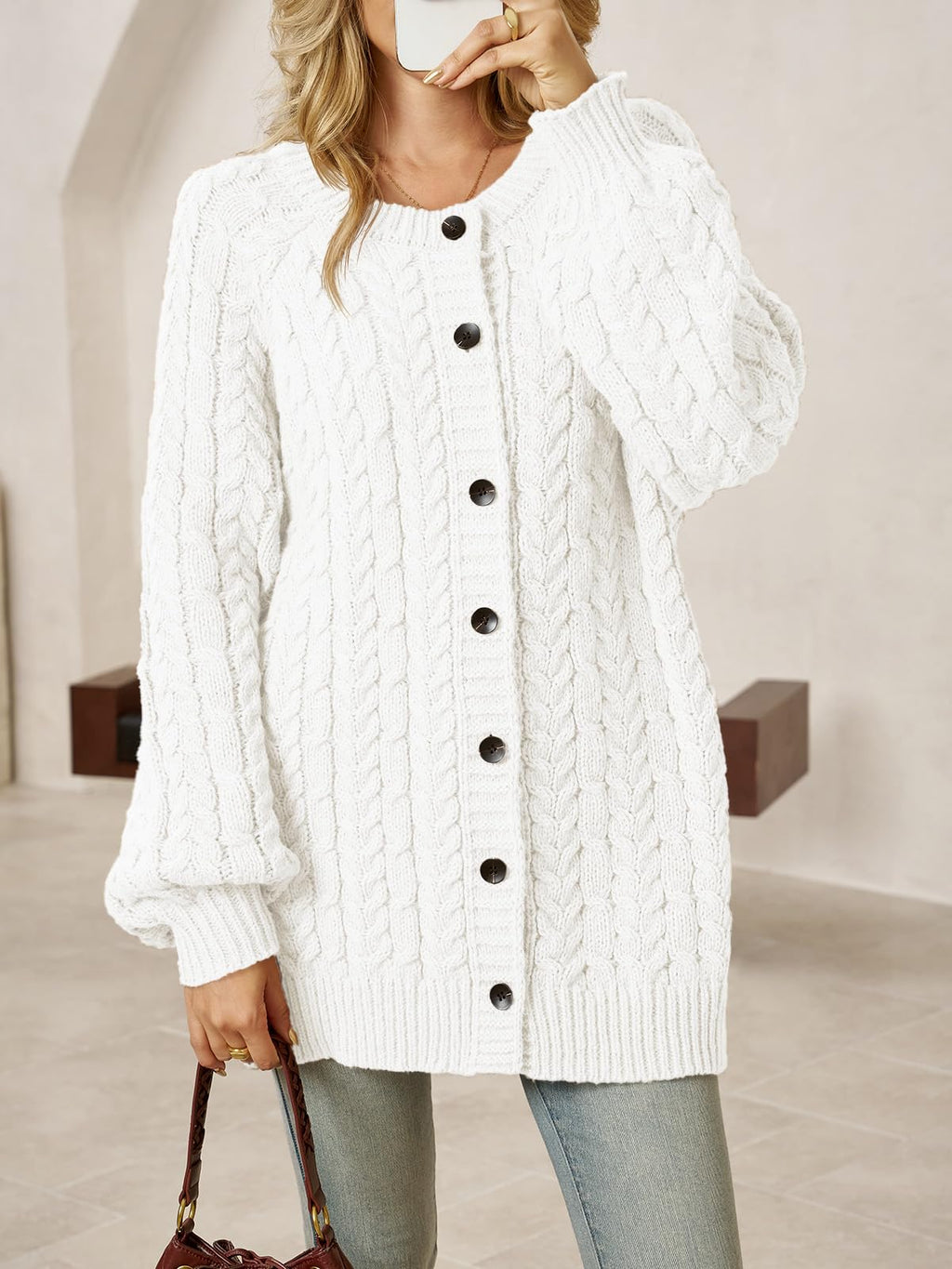 Saodimallsu Womens Cable Knit Cardigans Oversized Chunky Button Down Long Lantern Sleeve Crew Neck Warm Sweater Dress White