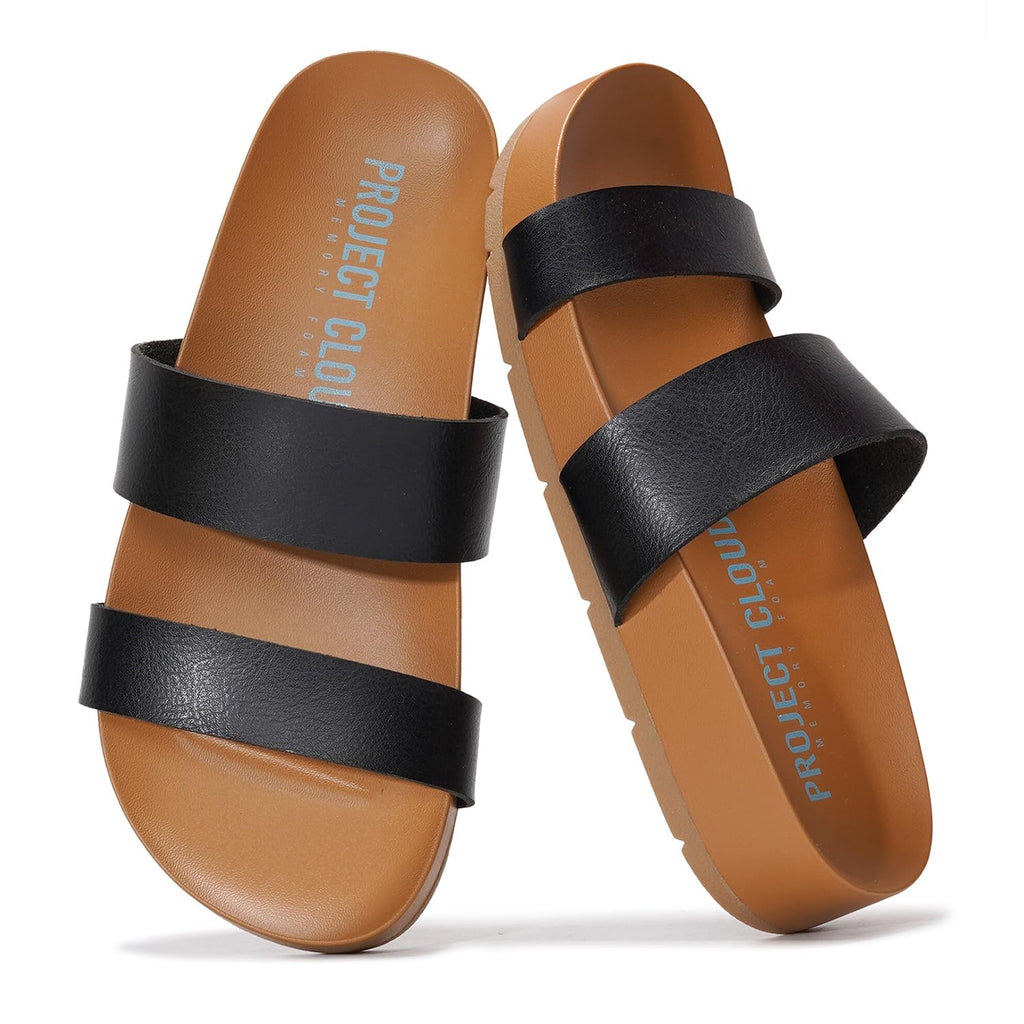 Project Cloud Sandals for Women - Eco Crafted Leather Two-Strap Womens Sandals - Plush & Soft Insole Slides for Women - Non Slip Outsole Slides Summer Outfits 2026 (HILLTOP, BLK, 8.5)