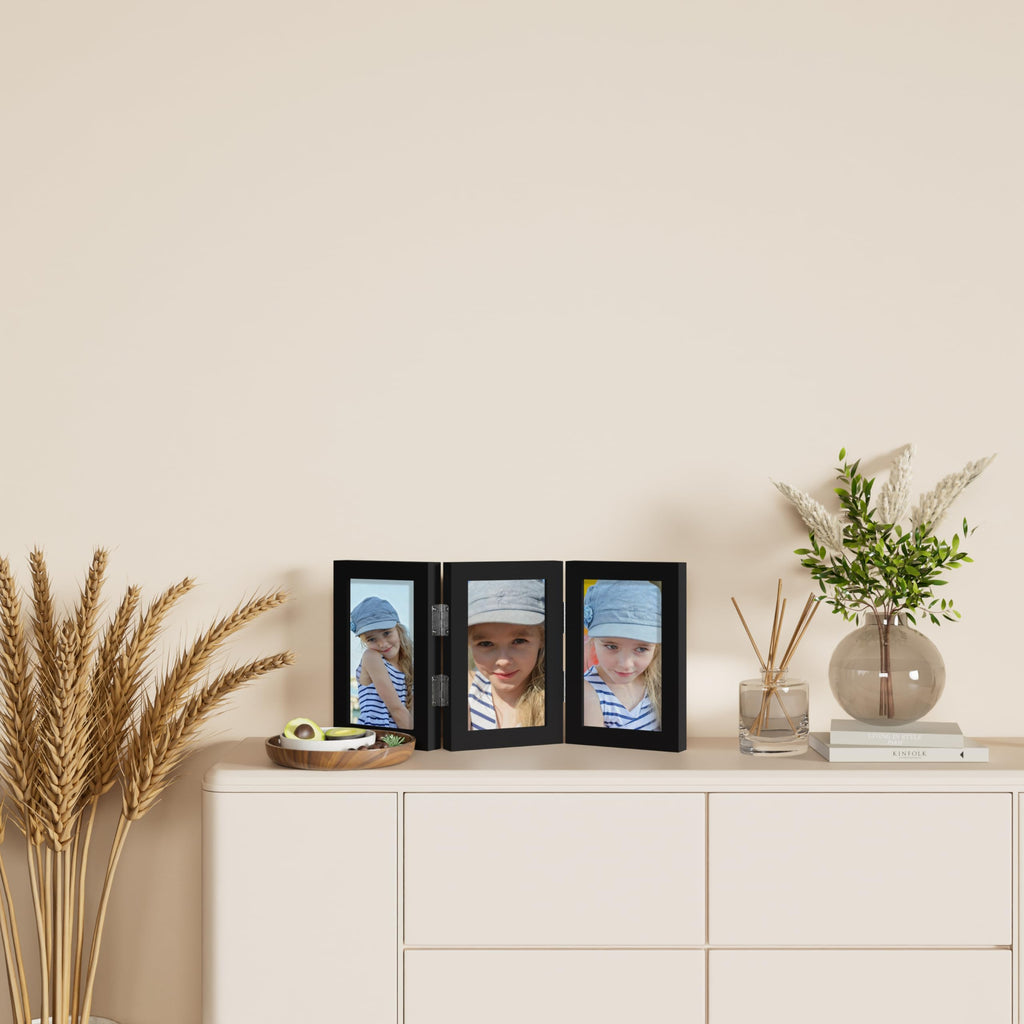 decorUhome Triple 4x6 Picture Frame Vertical, Engineered Wood Trifold Photo Frame with Plexiglass for Tabletop Display, 4x6, Black