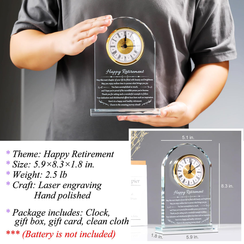 YWHL Retirement Clock Gifts for Women & Men, Best Happy Retirement Glass Plaque for Coworkers Boss, Going Away Retired Gifts for Friends, Farewell Goodbye Presents Ideas