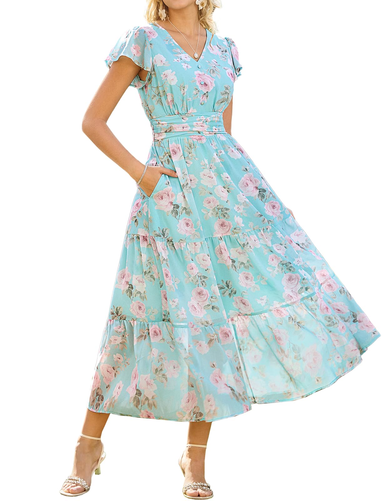 GRACE KARIN Women Summer Dress,Formal Wedding Guest Dress Maxi Floral Dresses Mint Green with Light Pink Roses S