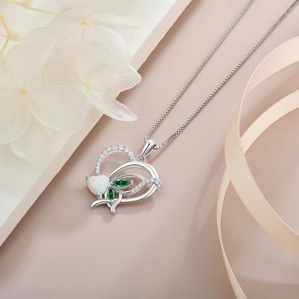 YIFSIY Opal Heart Necklace for Women 925 Sterling Silver Butterfly Pendant Emerald Birthstone May Jewelry Gifts