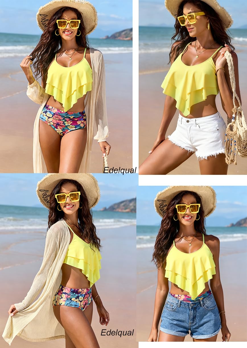 Edelqual Swim Suits for Women 2026 Women's Two Piece Tummy Control Swimsuits Floral Modest Ruffle Swimwear Bathing Suit for Women (Yellow Blue Red Flower,L)