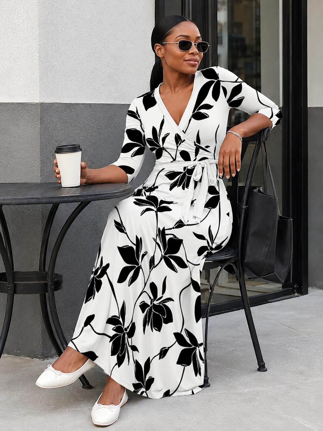 PinkPatty Plus Size Maxi Dresses for Women Casual Flowy Long Dress 3/4 Sleeve V Neck Wrap Dress with Belt(Black White 2XL)