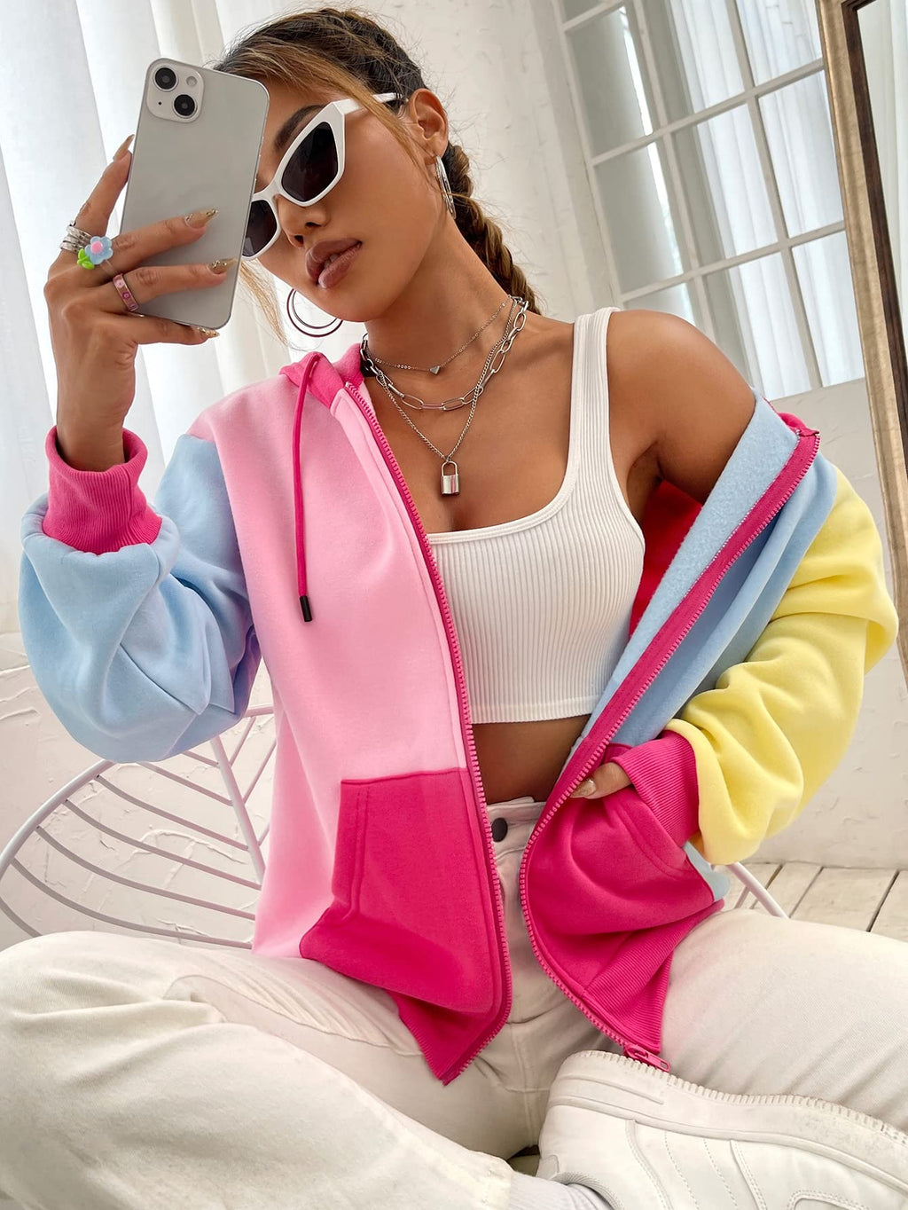 WDIRARA Women's Color Block Zip Front Drawstring Long Sleeve Hoodie Pocket Sweatshirt Multicolor S