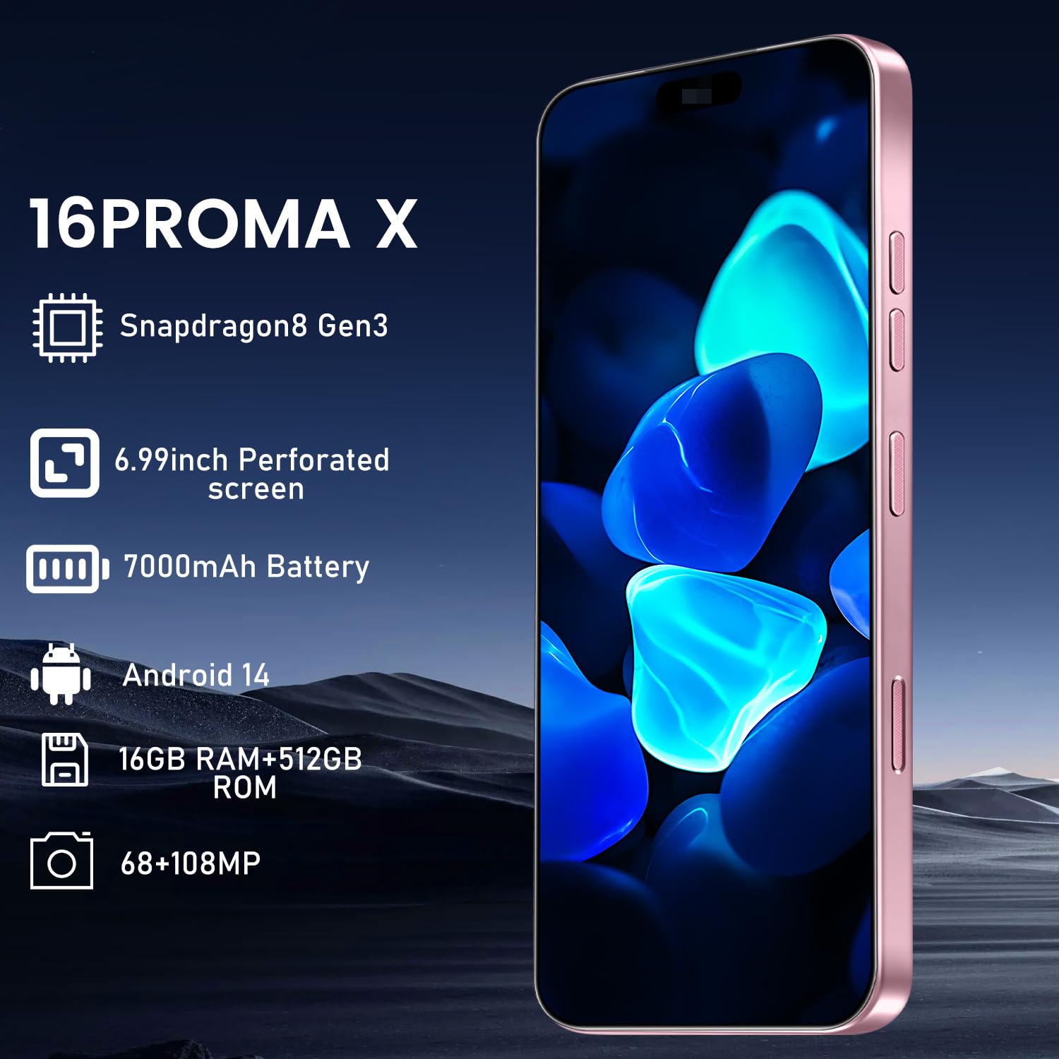 QPWOEIB 16PM 5G Cell Phone,Smartphone Unlocked Cell Phone 16GB+512GB/6.99" Display/68MP+108MP Camera/7000 mAh Battery Super Endurance, Dual SIM Card/Face Unlock/GPS (Pink)
