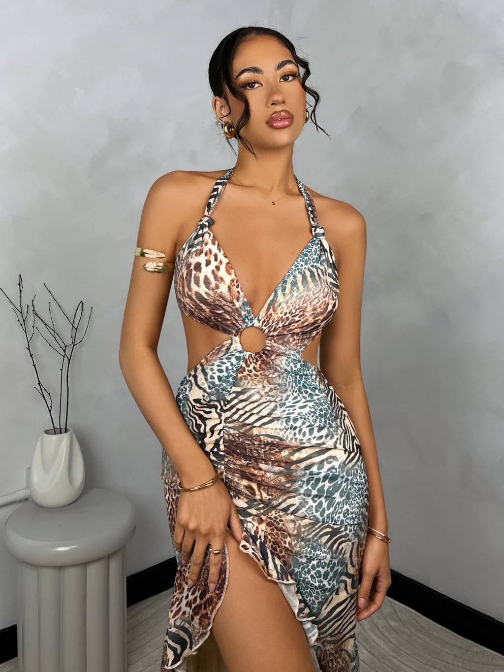 WDIRARA Women's Halter Cut Out Dress Floral Cheetah Print Asymmetrical Hem Sexy High Slit Mesh Ruffle Dresses Green Multicolor Medium