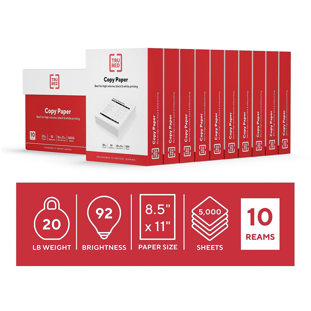 TRU RED 8.5x11 Copy Paper 20 lb. 92-Bright 5000 Sheets/Carton, For Office, School & Home