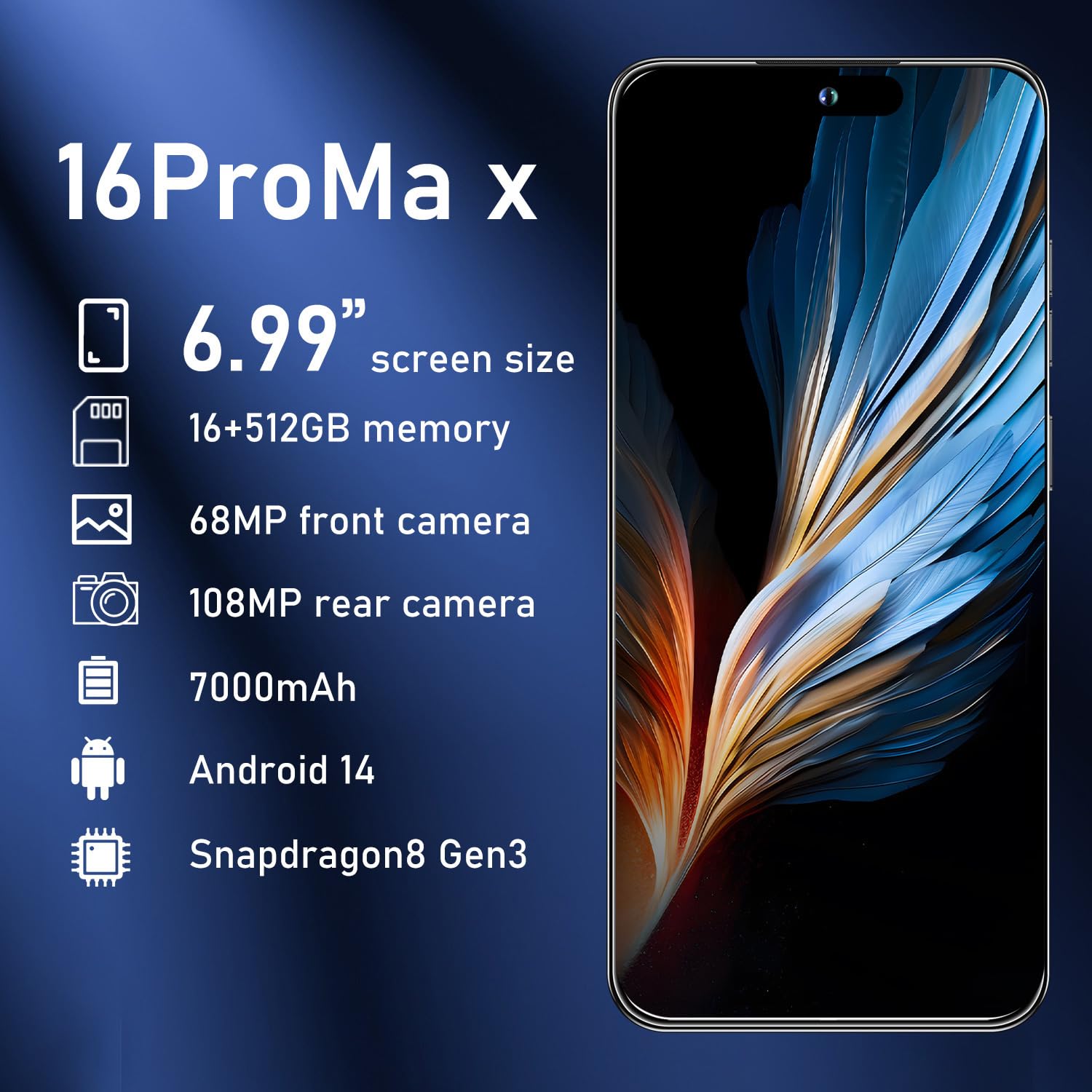 OEJBK 16PM Smartphone New Upgrade 16GB+512GB/6.99" Display 68+108MP Zoom Camera,Tempered Glass Finish, 7000mAh Android 14 Smartphone (Deep Green)