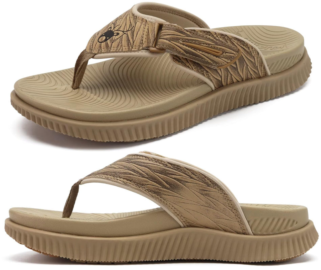 KuaiLu Men's Orthotic Cushion Flip Flops 2026 Mens Leather Athletic Recovery Foam Walking Sandals Plantar Fasciitis Arch Support Beach Flip-Flop Slides Shoes Summer Essentials For Man, Khaki Size 10