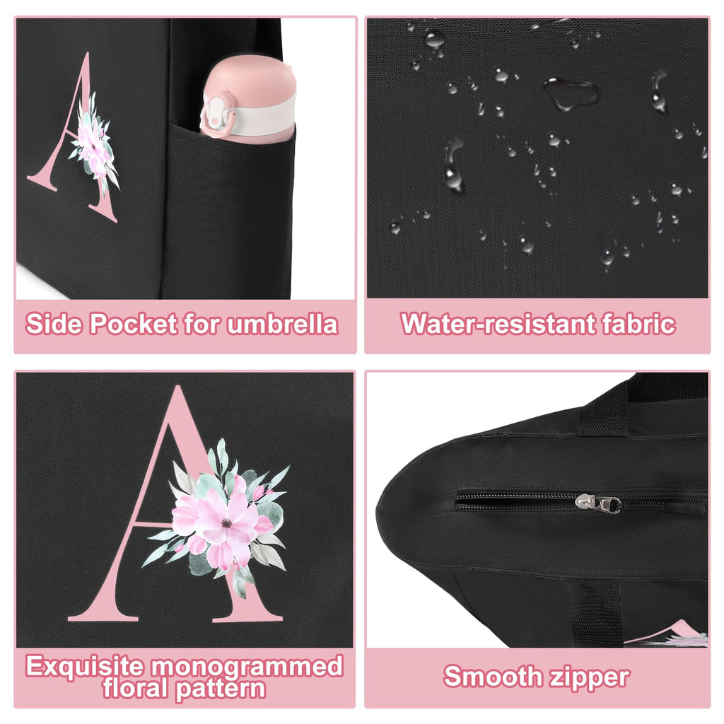 Vavabox Tote Bag, A-Z Initial Monogrammed Waterproof Tote Bag, Bridesmaid Gifts for Women, Black and Pink (S, Black)