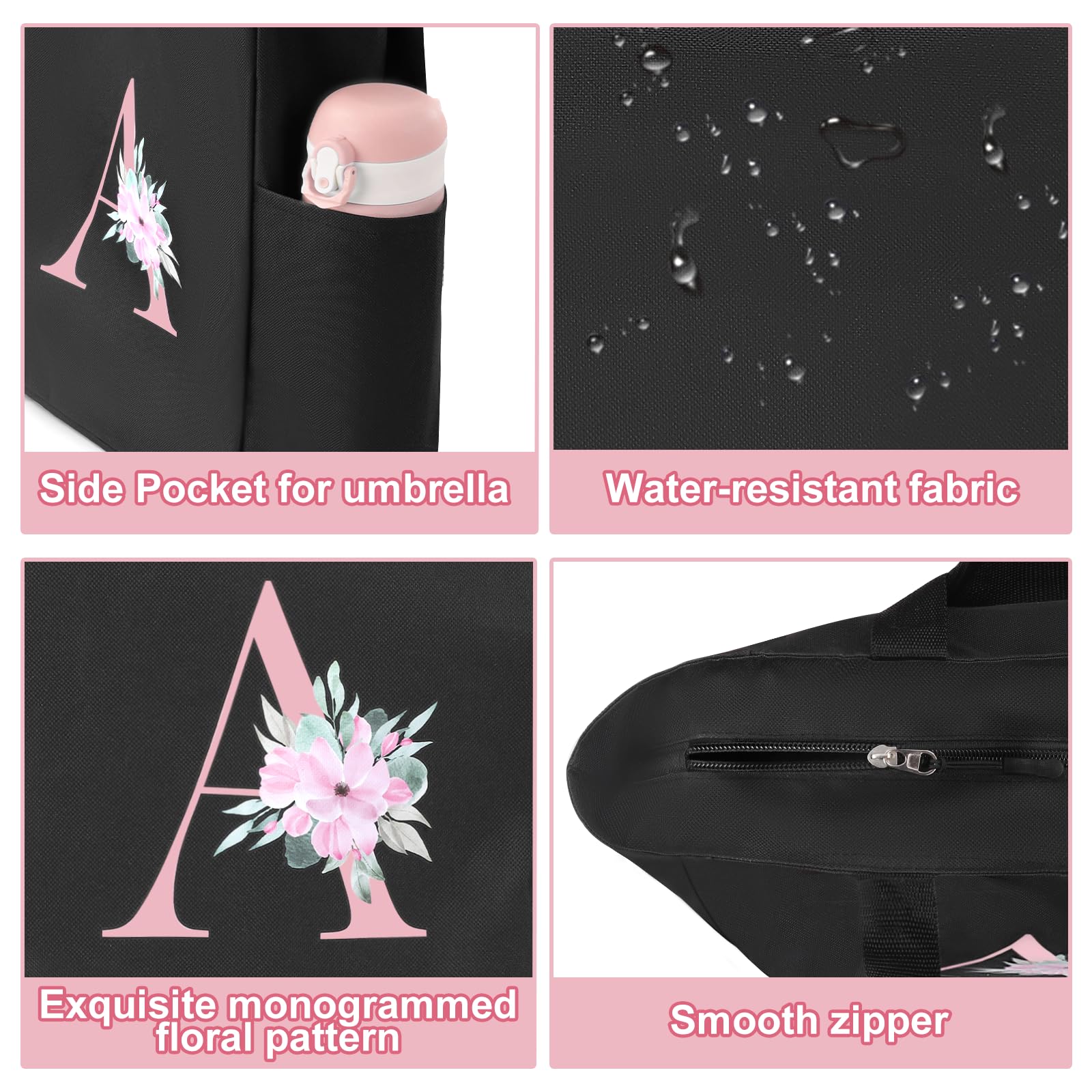 Vavabox Tote Bag, A-Z Initial Monogrammed Waterproof Tote Bag, Bridesmaid Gifts for Women, Black and Pink (S, Black)