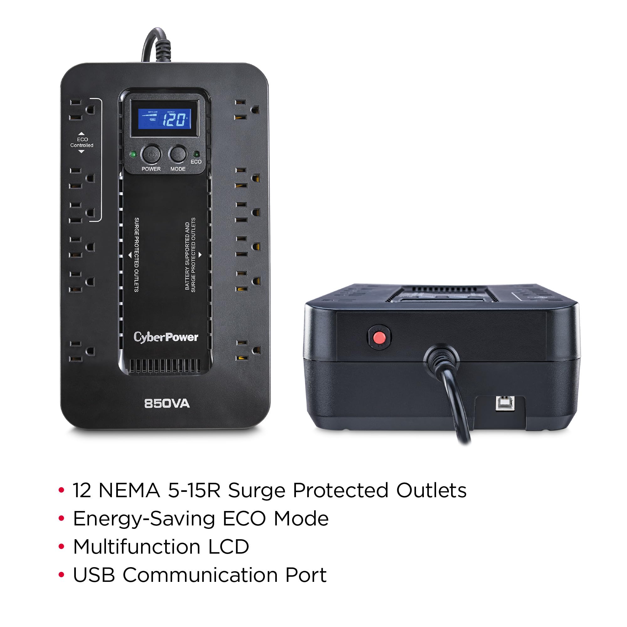 CyberPower EC850LCD Ecologic UPS Battery Backup and Surge Protector, 850VA/510W, 12 Outlets, ECO Mode, Compact, UL Certified