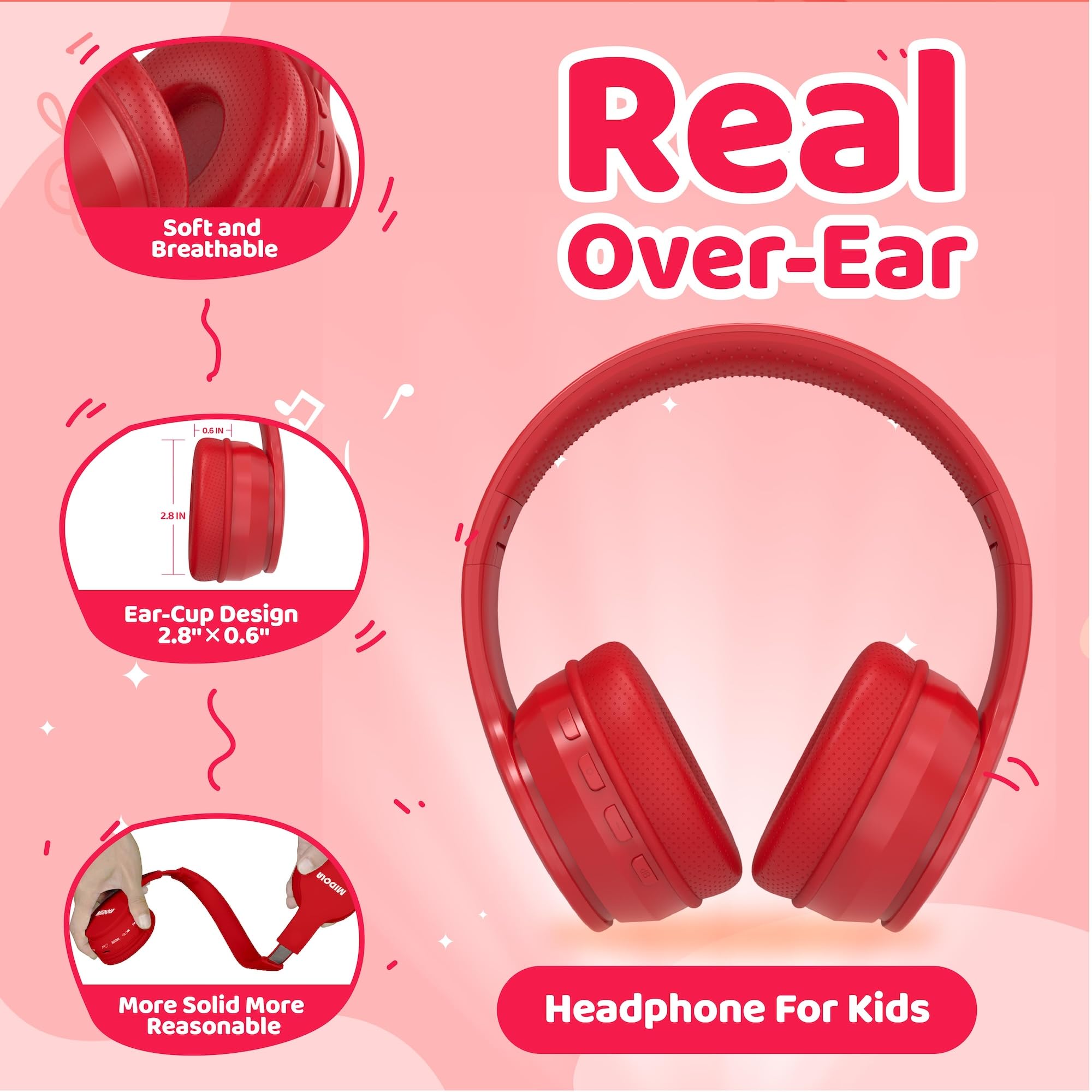 MIDOLA Kids Headphones Bluetooth 5.3 Wireless 60H Play Time Volume Limit 85/110dB Over Ear Foldable Protection Headset/Wired AUX Cord Mic for Children Boy Girl Travel School Phone Pad Tablet Red