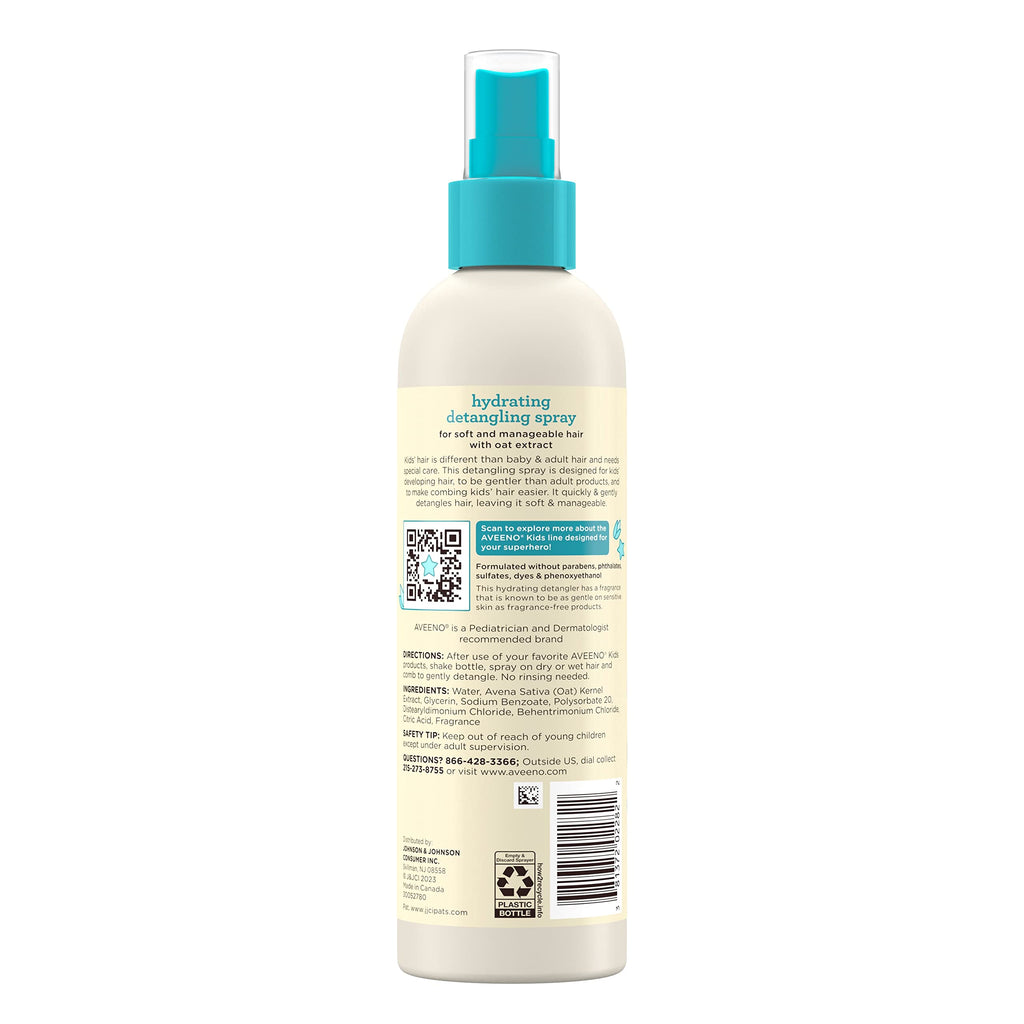 Aveeno Kids Hydrating Detangling Spray with Oat Extract, Quickly Detangles Hair, Tear-Free, Gentle on Sensitive Skin & Scalp, Detangler Spray for Kids, Hypoallergenic, 10 fl. oz