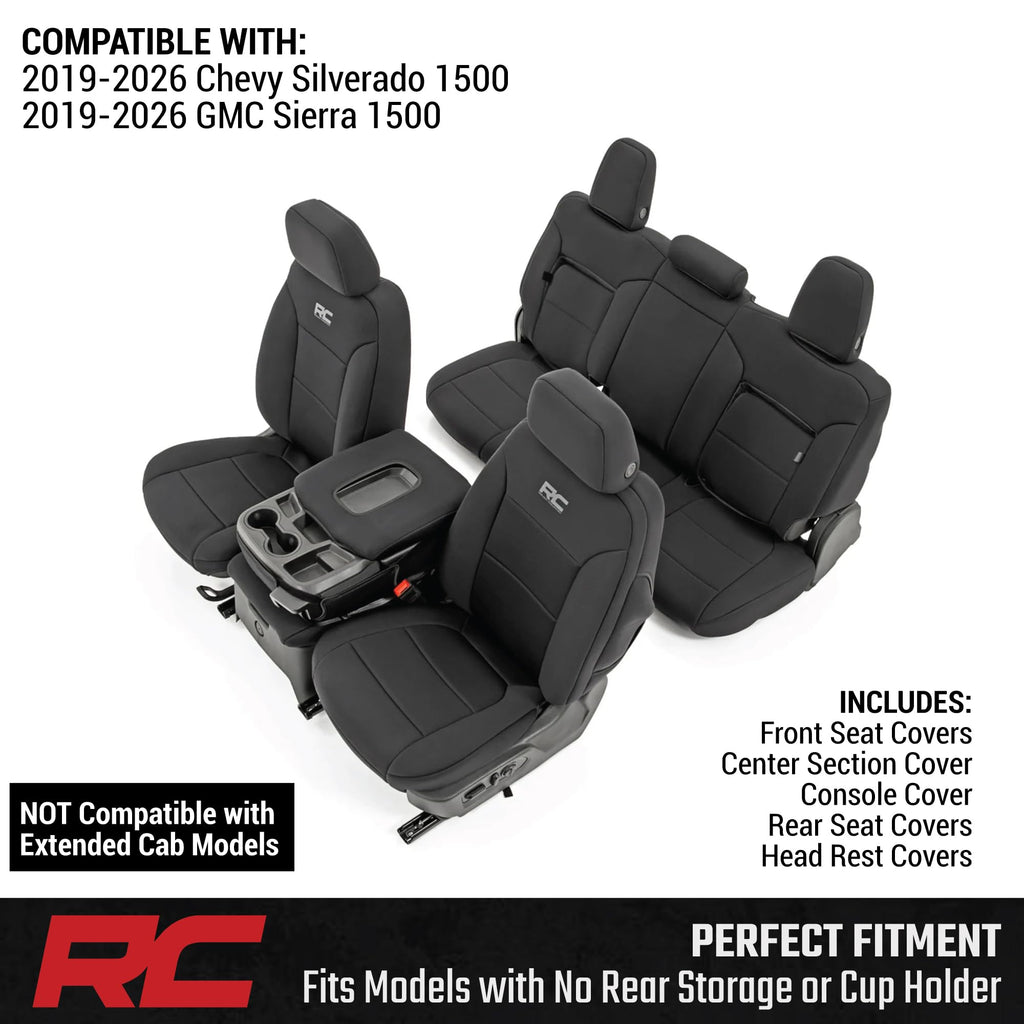 Rough Country Neoprene Seat Covers for Chevy Silverado & GMC Sierra 1500 (2019-2026) w/No Rear Seat Storage or Cup Holder - Waterproof & UV Resistant, Foam Padded, Front & Rear Row Cover Set