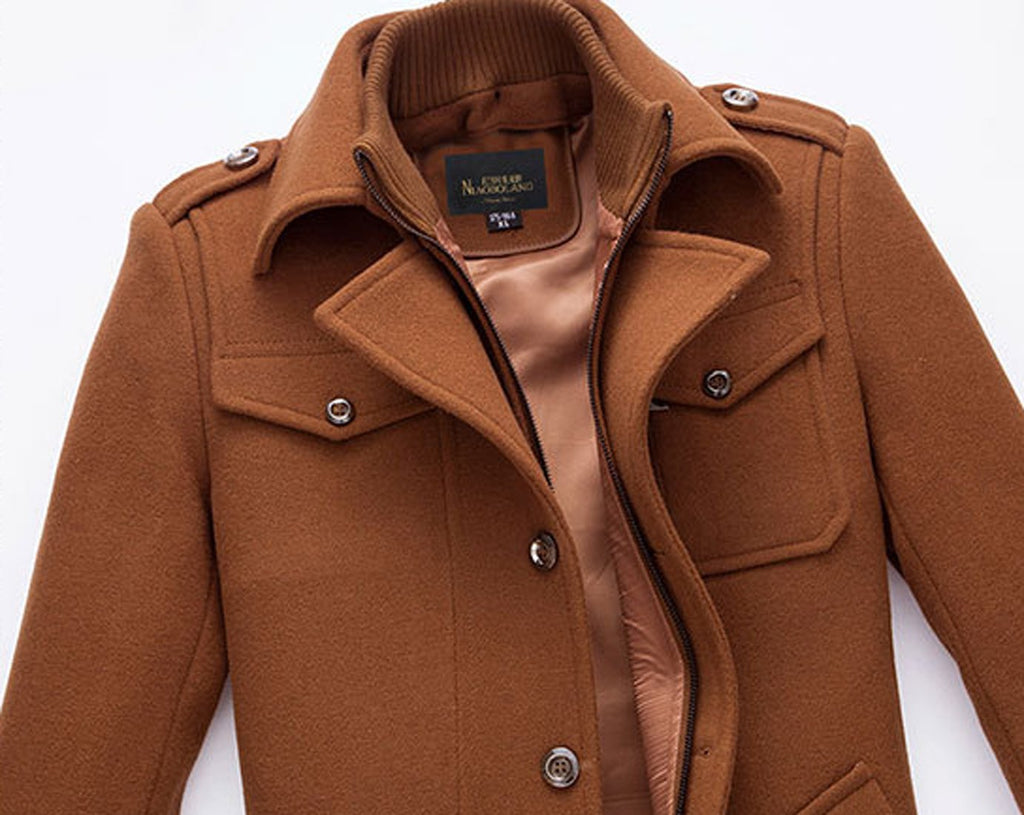 chouyatou Men's Stand Collar Wool-Blend Classic Pea Coat with Removable Inner Collar (Small, H36-Brown)