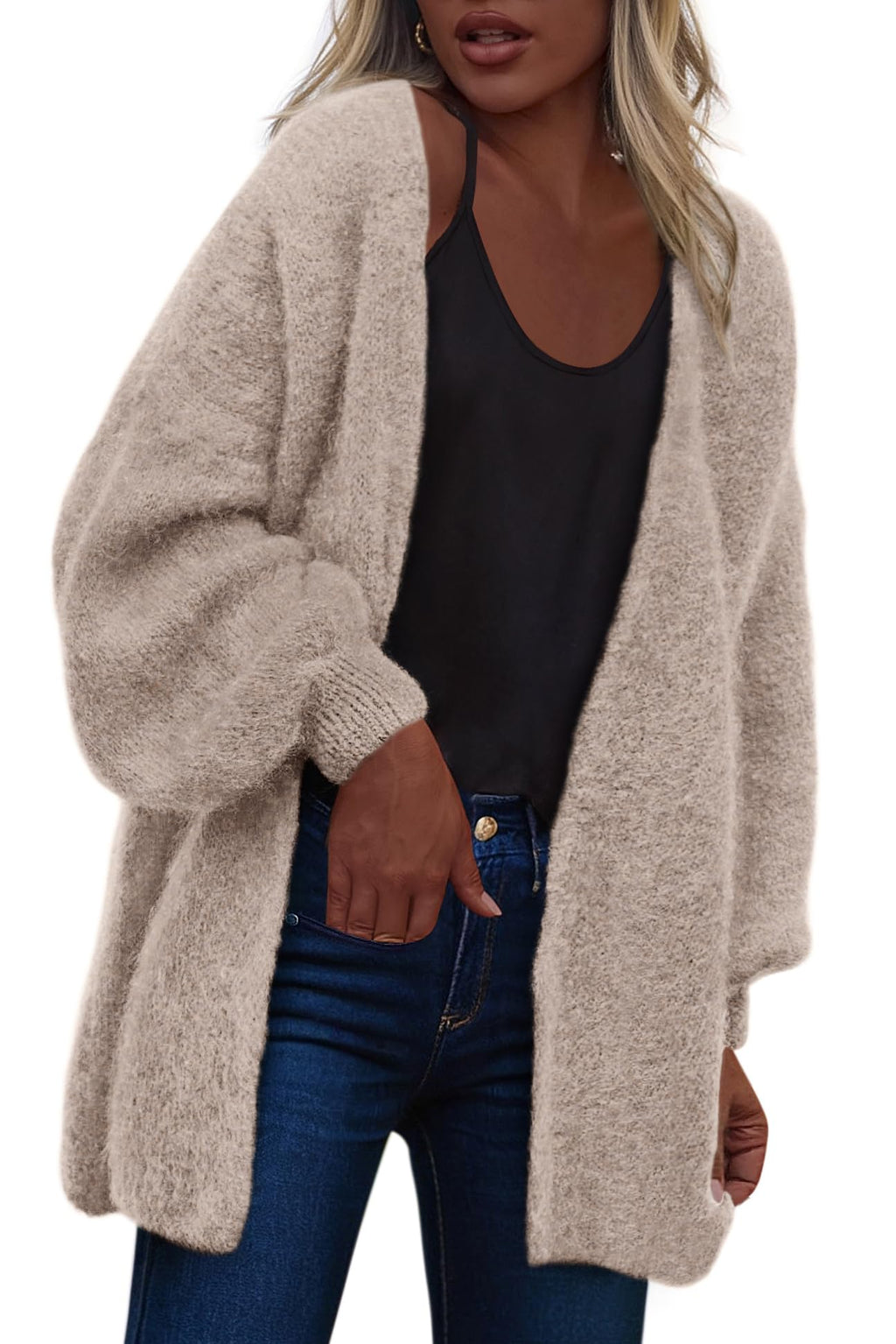 dowerme Women Open Front Cardigans Trendy Fall Long Sleeve Drop Shoulder Soft Knit Slouchy Sweater Spring Outerwear 2026(Camel,Small)