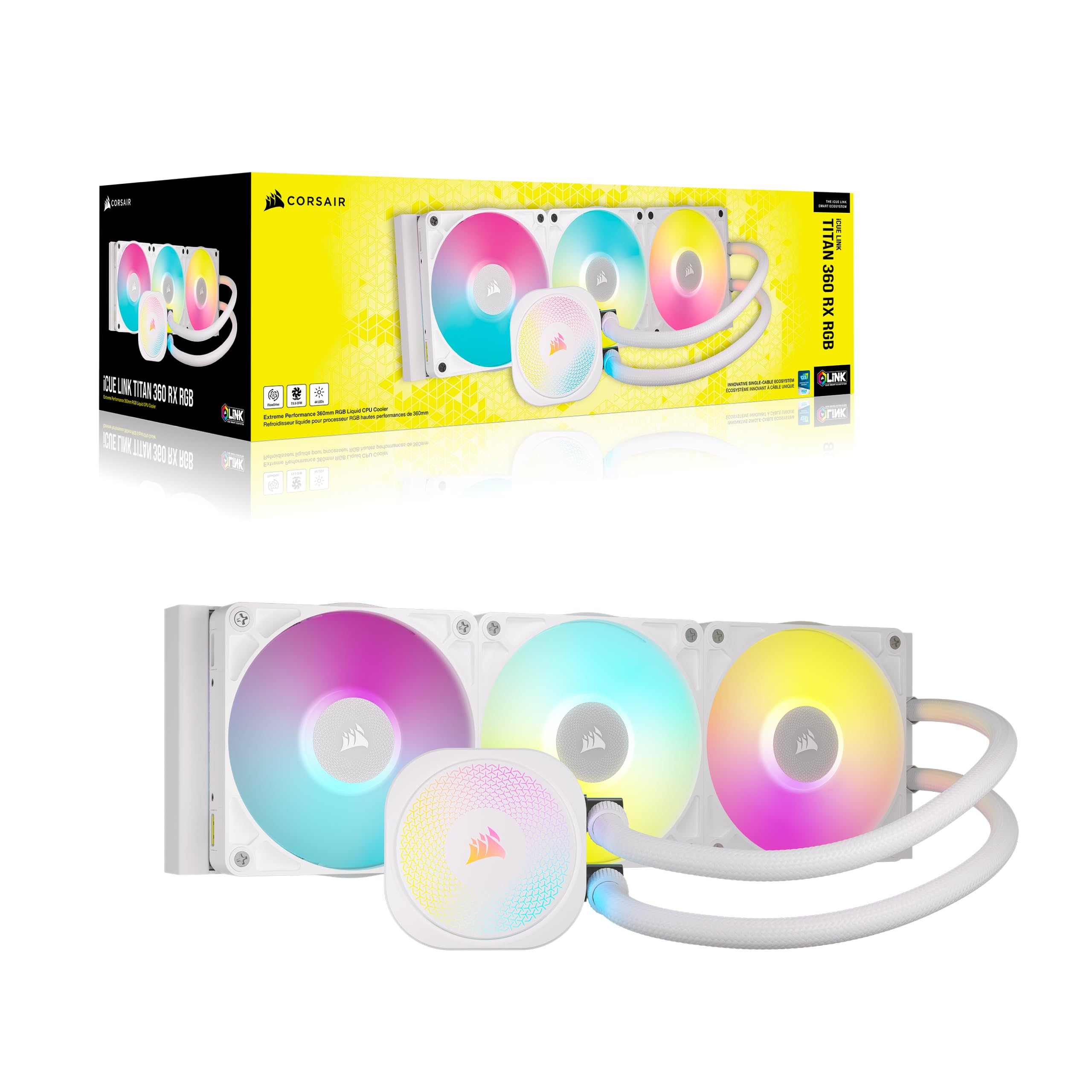 CORSAIR iCUE Link Titan 360 RX RGB Liquid CPU Cooler – 360mm AIO – Low-Noise – FlowDrive Cooling Engine – Intel LGA 1851/1700, AMD AM5/AM4 – 3X RX120 RGB Fans – iCUE Link System Hub Included – White