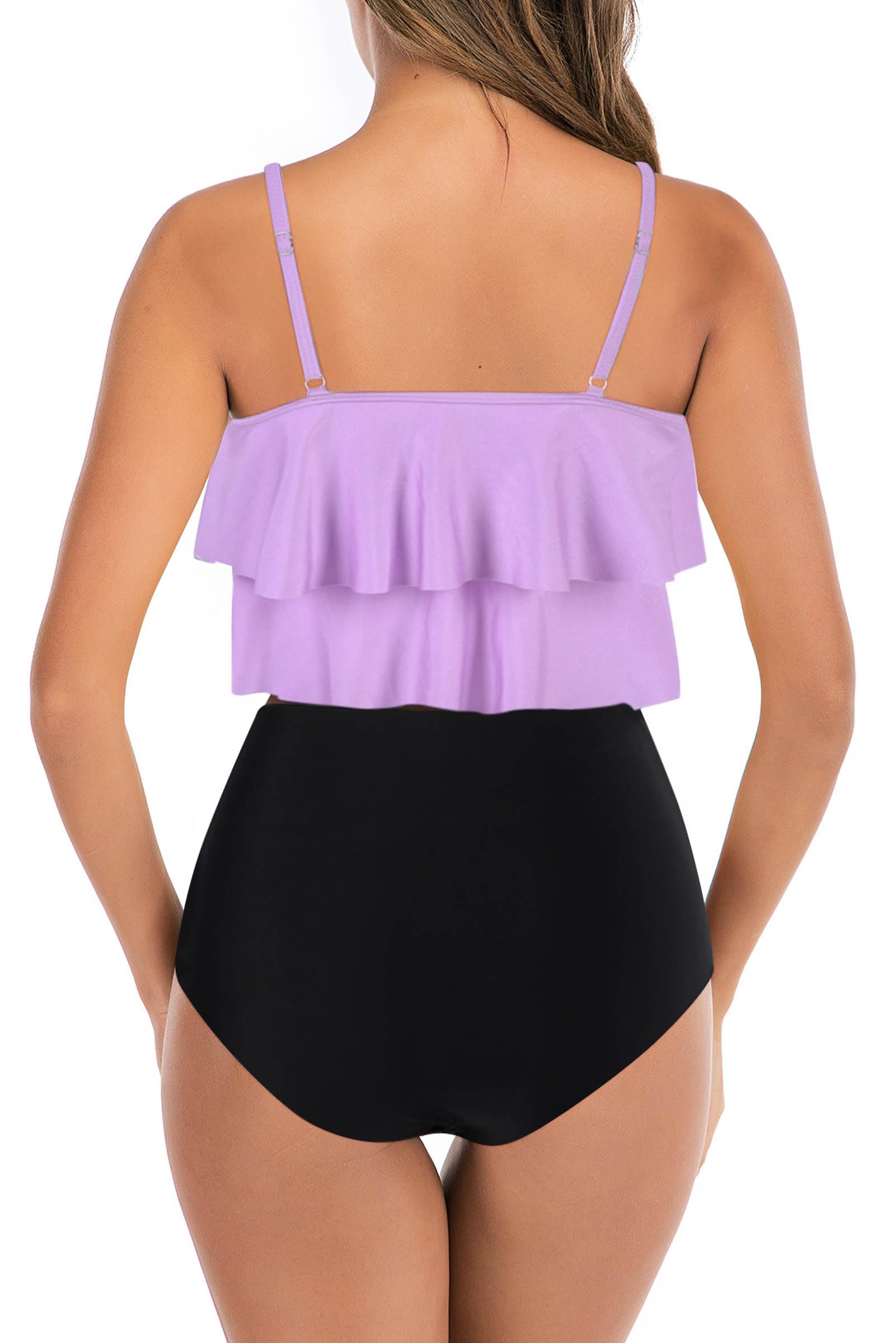 Adisputent Womens High Waisted Bathing Suits Flounce Halter Tank Top Bikini Bottoms Tummy Control Modest Swimwear Two Piece Swimsuits Tankini Purple Black L
