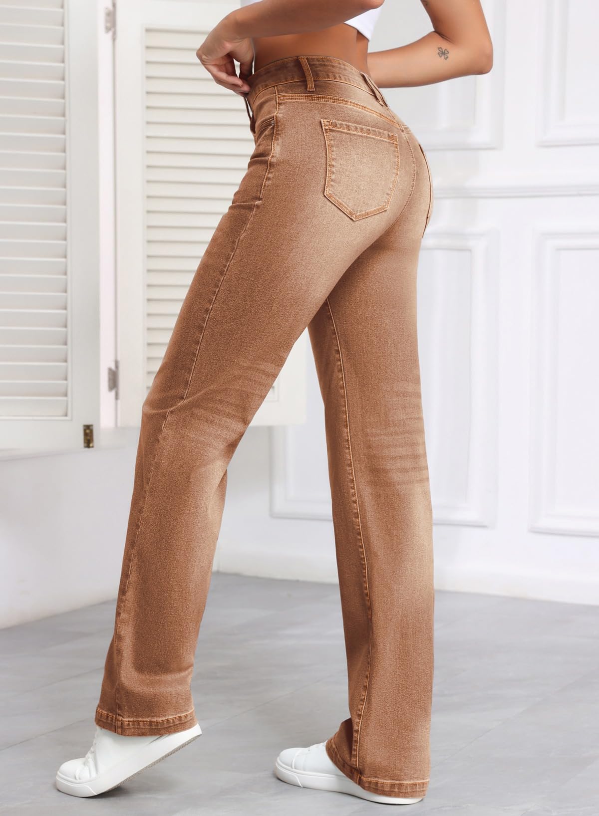Sidefeel Women's Wide Leg Jeans Casual High Waisted Straight Denim Pants with Pockets Brown Size 12