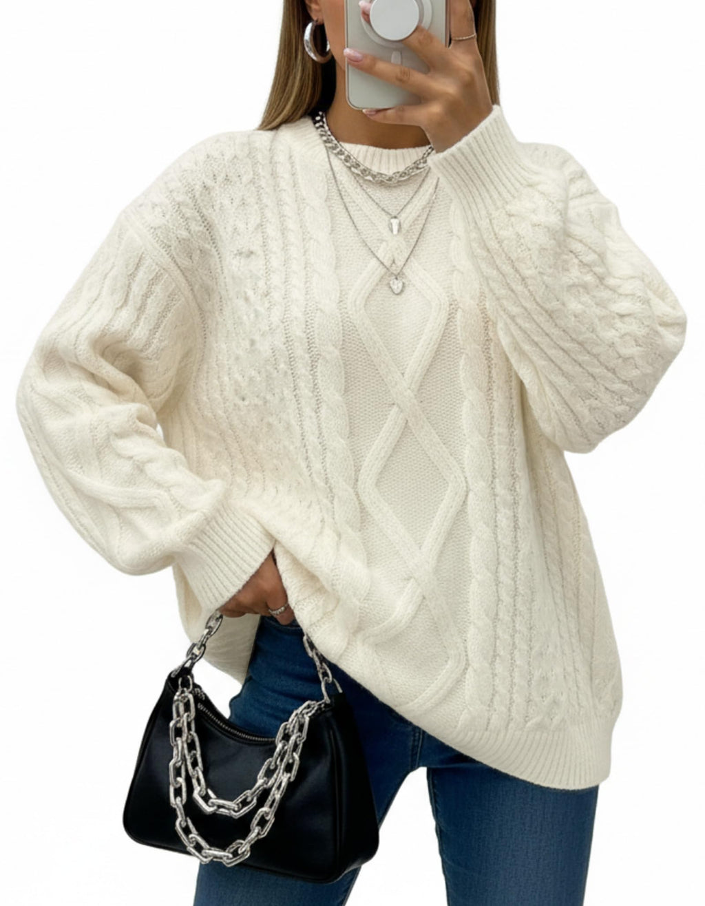 Simlakey Women Oversized Sweater Cable Knit Chunky Pullover Long Sleeve Crew Neck Outfit Winter Knitwear Loose Fit Casual Top(Apricot,M)