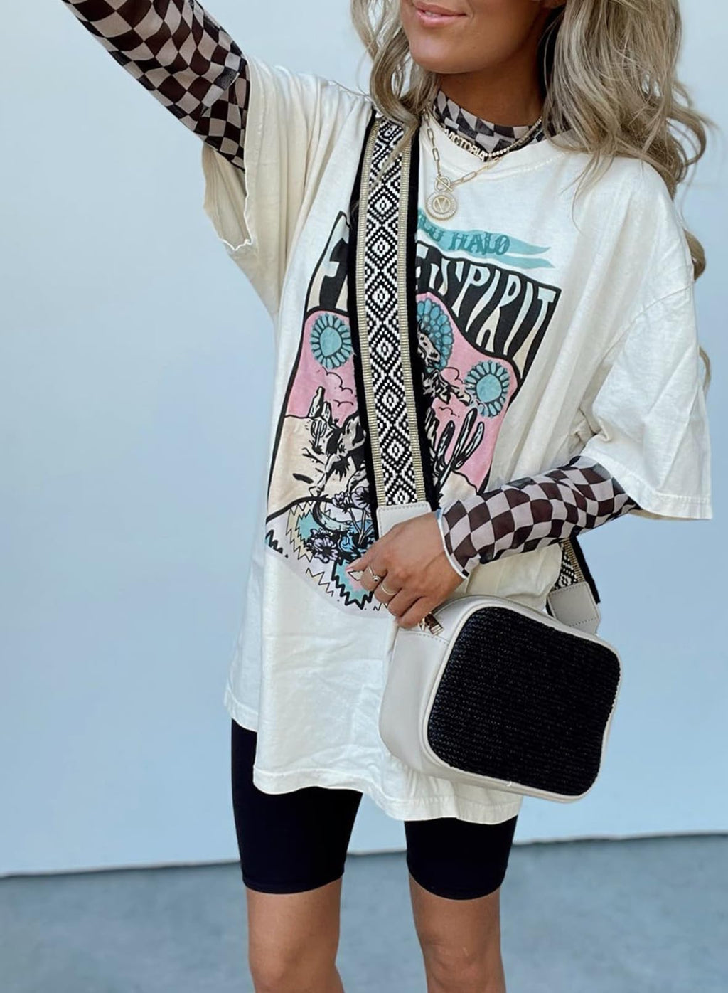 Acelitt Womens Fashion 2025 Checkerboard Shirts Crewneck Summer Sexy Sheer Mesh Blouse Checkered Print Long Sleeve Tops Black XL
