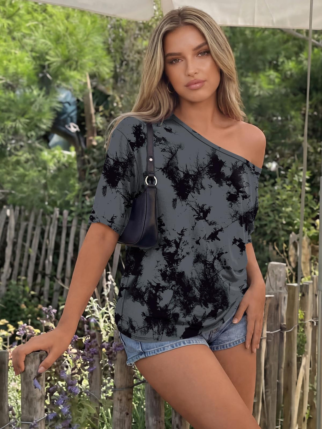 Trendy Queen Womens Off the Shoulder Tops Oversized T-Shirts Short Sleeve Tees Summer 2026 Casual Spring Clothes Workout Gym Y2k Cute Going Out Plus Size Fashion Clothing CamoDarkgrey M