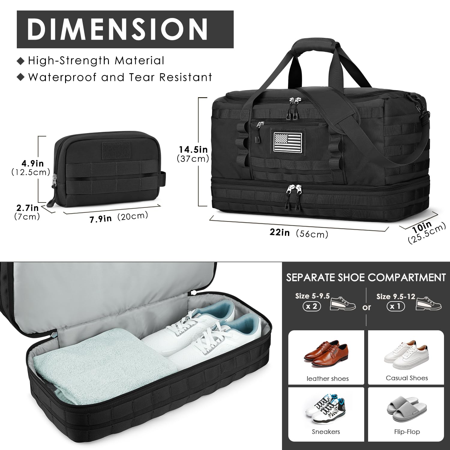 ETRONIK Travel Bag for Men Women, Gym Bag & Tactical Duffle Bags for Travel, Carry on with Toiletry Bag and Shoe Compartment, Weekender Overnight Trip with Wet Pocket for Workout Medical, Black