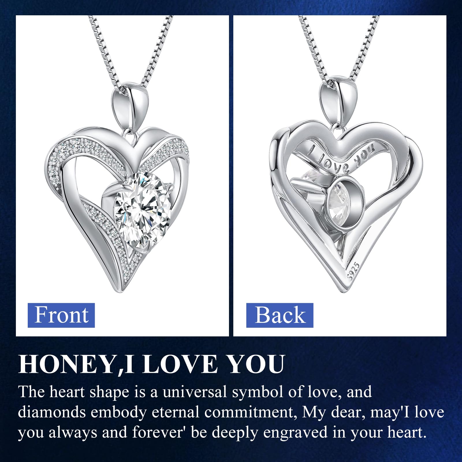 Moissanite Heart Pendant Necklaces for Women, 1-3 Carat Moissanite 925 Sterling Silver Necklace,Engraved 'I LOVE YOU' Gift for Wife Mom ,Ideal Anniversary Birthday Christmas Valentine Engagements Mothers Day Jewelry Gifts for Mom Wife Girlfriend Daughter