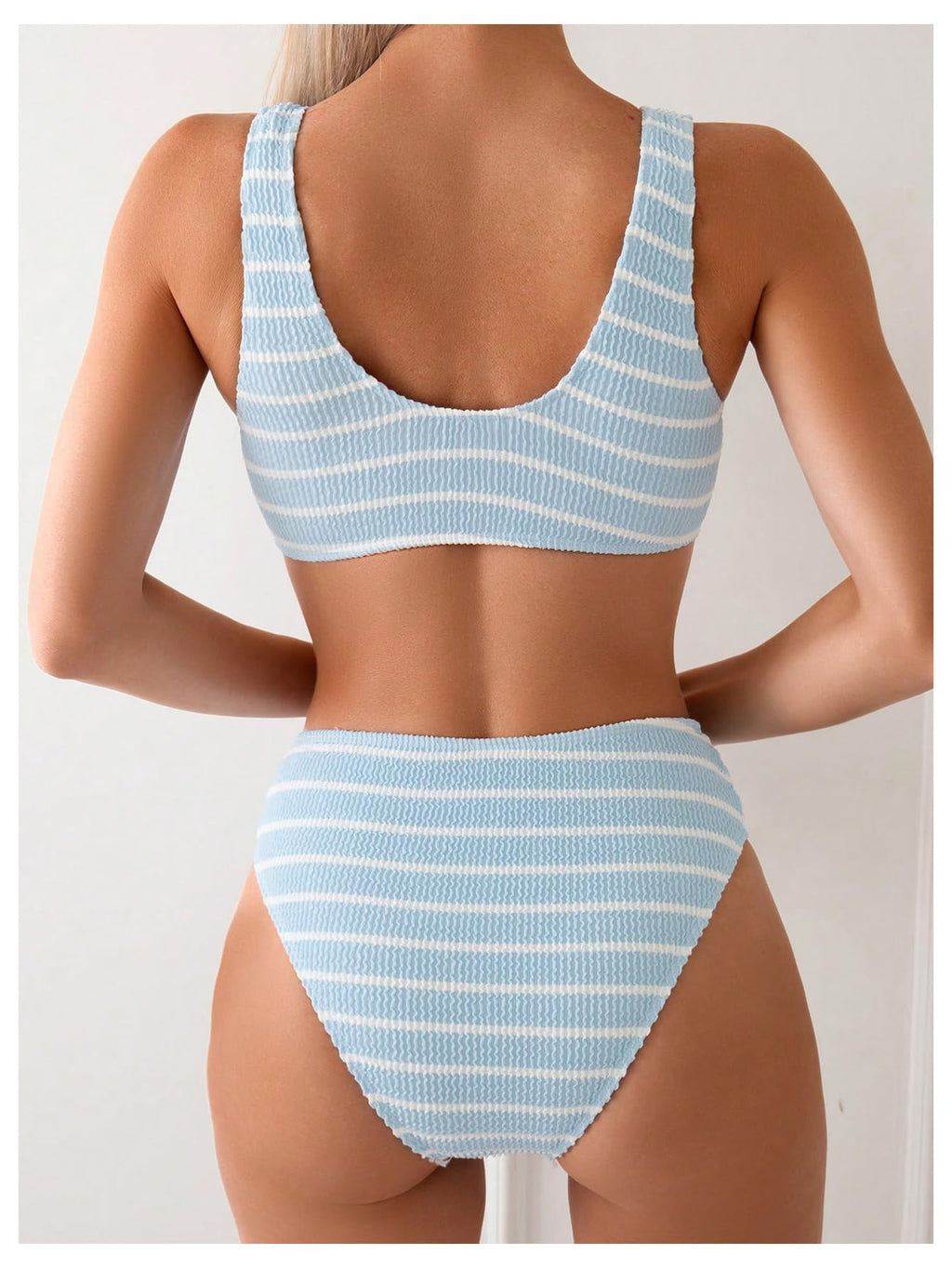 SOLY HUX Women's Striped Bathing Suit V Neck High Waisted Bikini Sets Two Piece Swimsuit Blue and White Striped Large