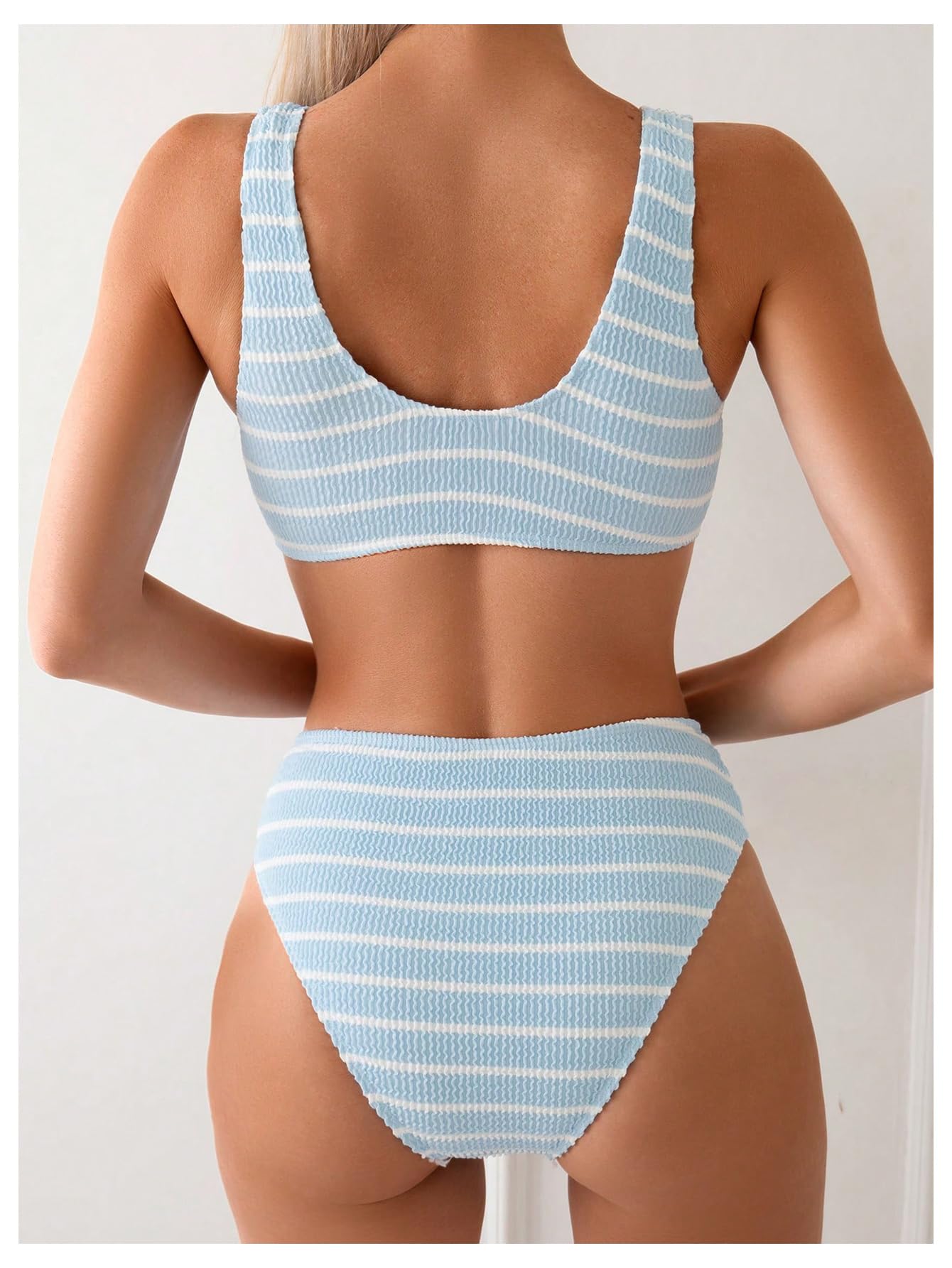 SOLY HUX Women's Striped Bathing Suit V Neck High Waisted Bikini Sets Two Piece Swimsuit Blue and White Striped Large