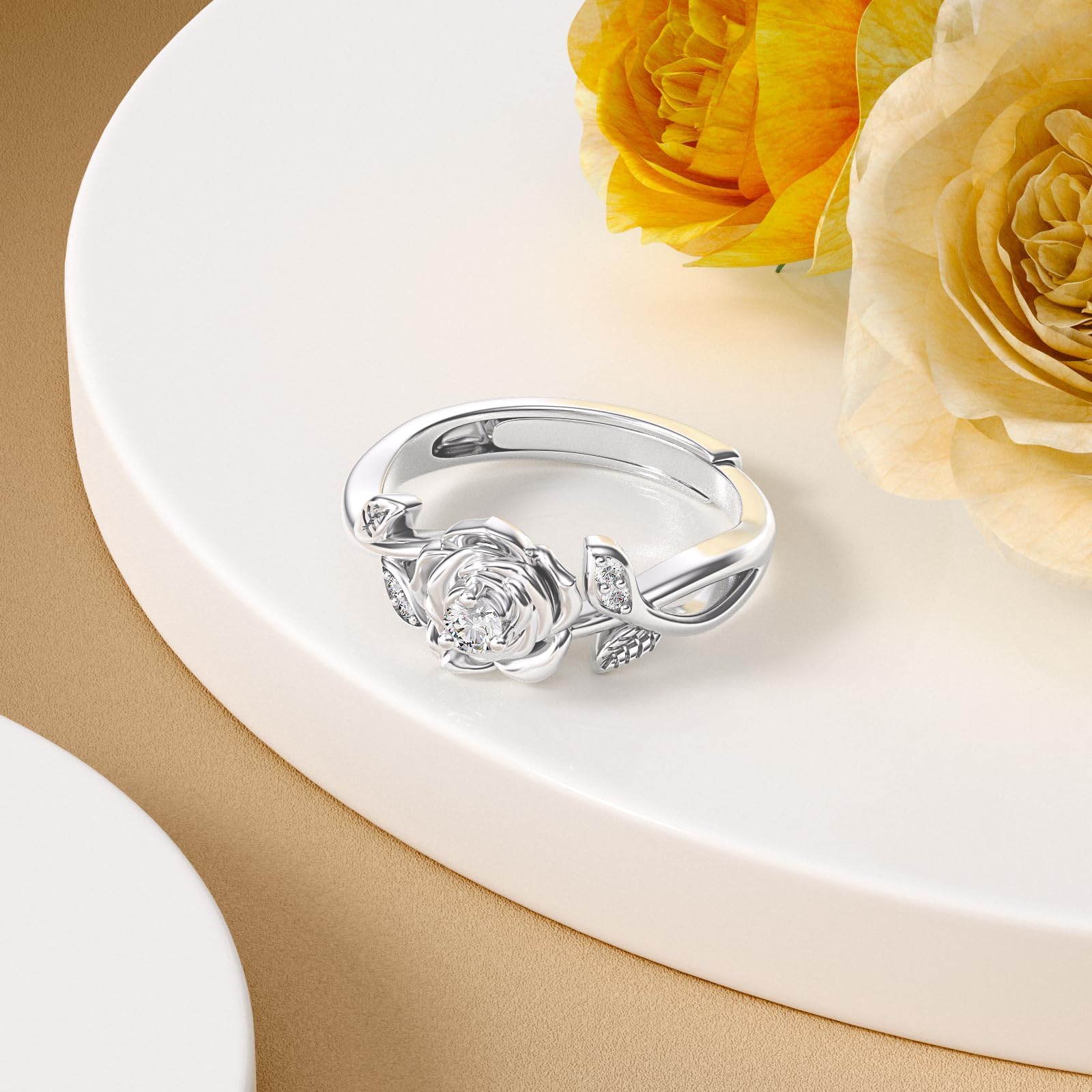 LWXIE Diamond Rose Open Ring for Women 925 Sterling Silver Rose Flower Adjustable Finger Rings Jewelry Birthday Anniversary Christmas Gifts for Mom Wife Lover Girlfriend Her